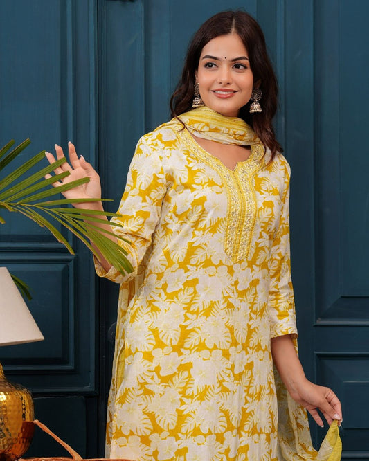 Corn Yellow Floral Printed Embroidered Cotton Kurta and Pant Set
