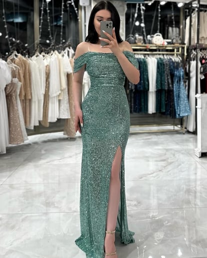 Andrea Mint Green Sequin Evening Dress with Back Tie & Cowl Neck Andrea Mint Green Sequin Evening Dress with Back Tie & Cowl Neck