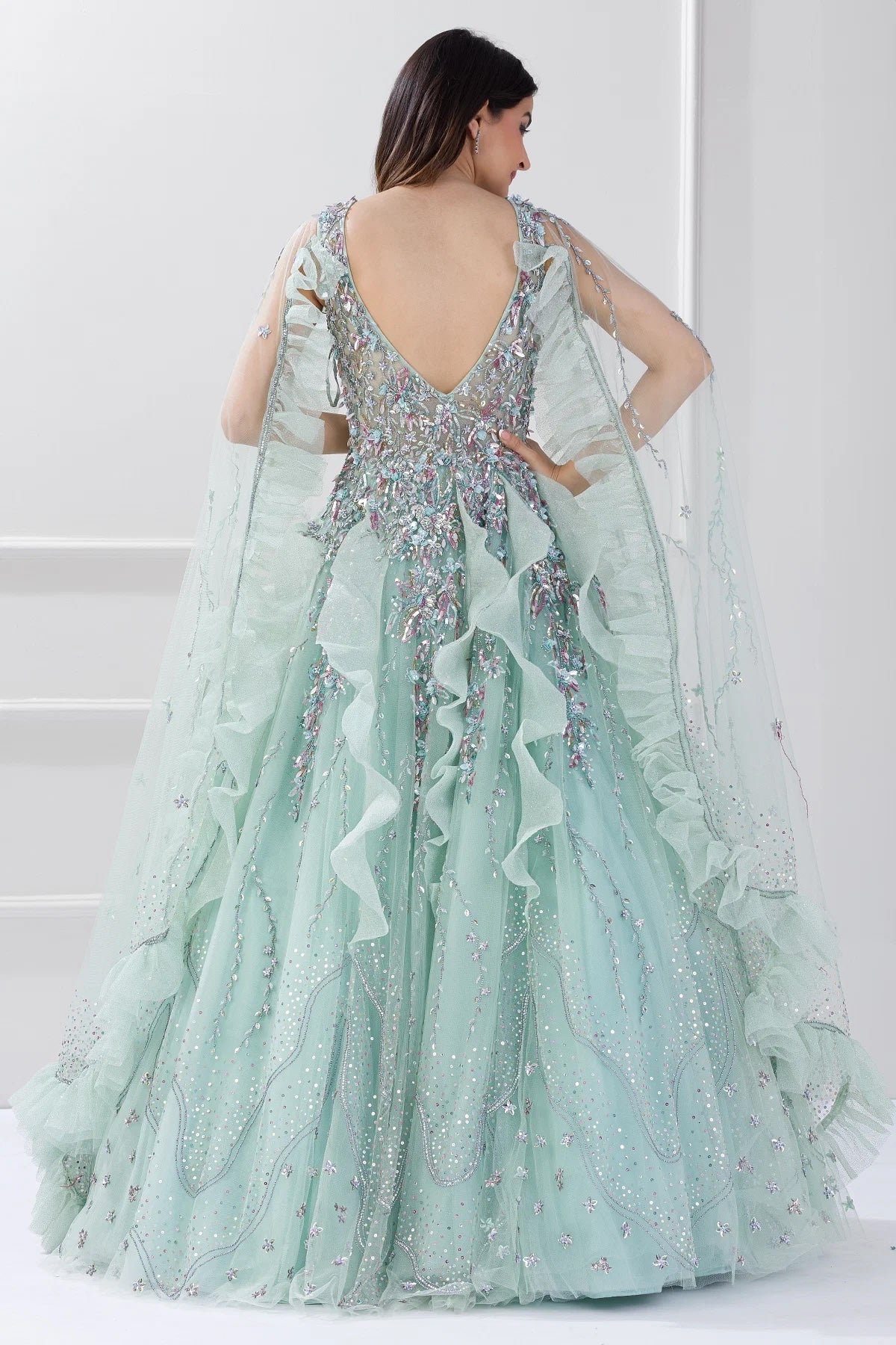 Mint Julep Blue Sequins Embroidered Net Cocktail Gown For Evening Wear