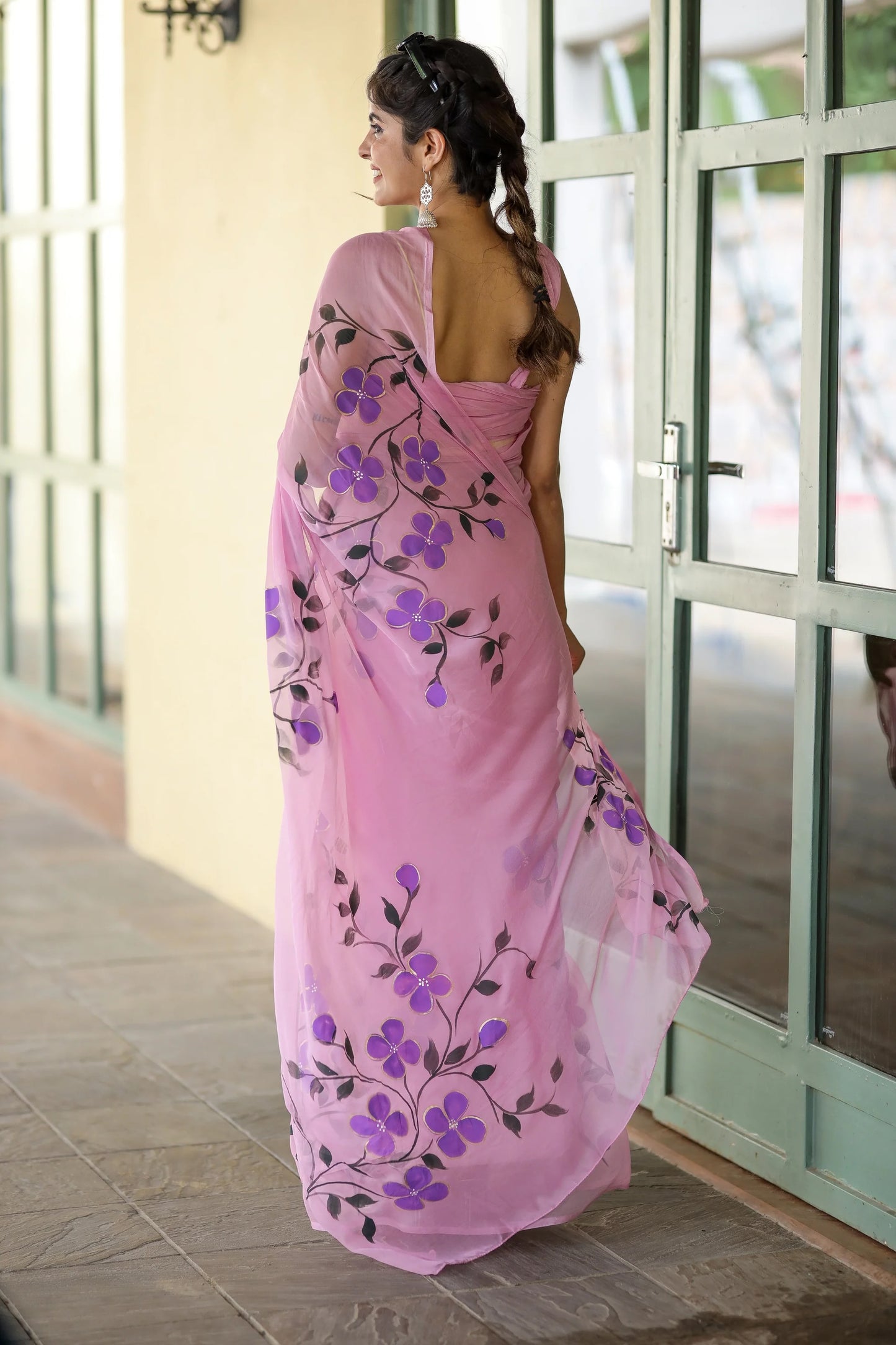 Delicate Light Pink Lilac Handpainted Chiffon Saree