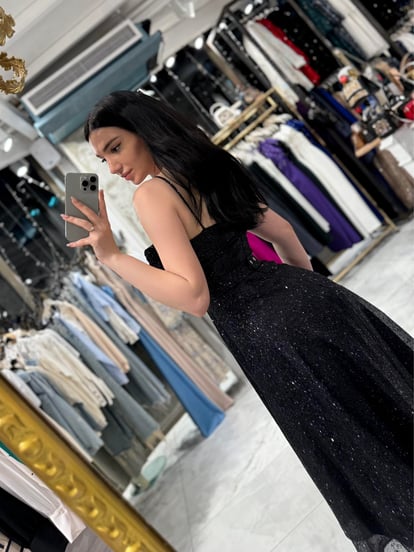 Mariana Black Sequin Draped Dress with Belt