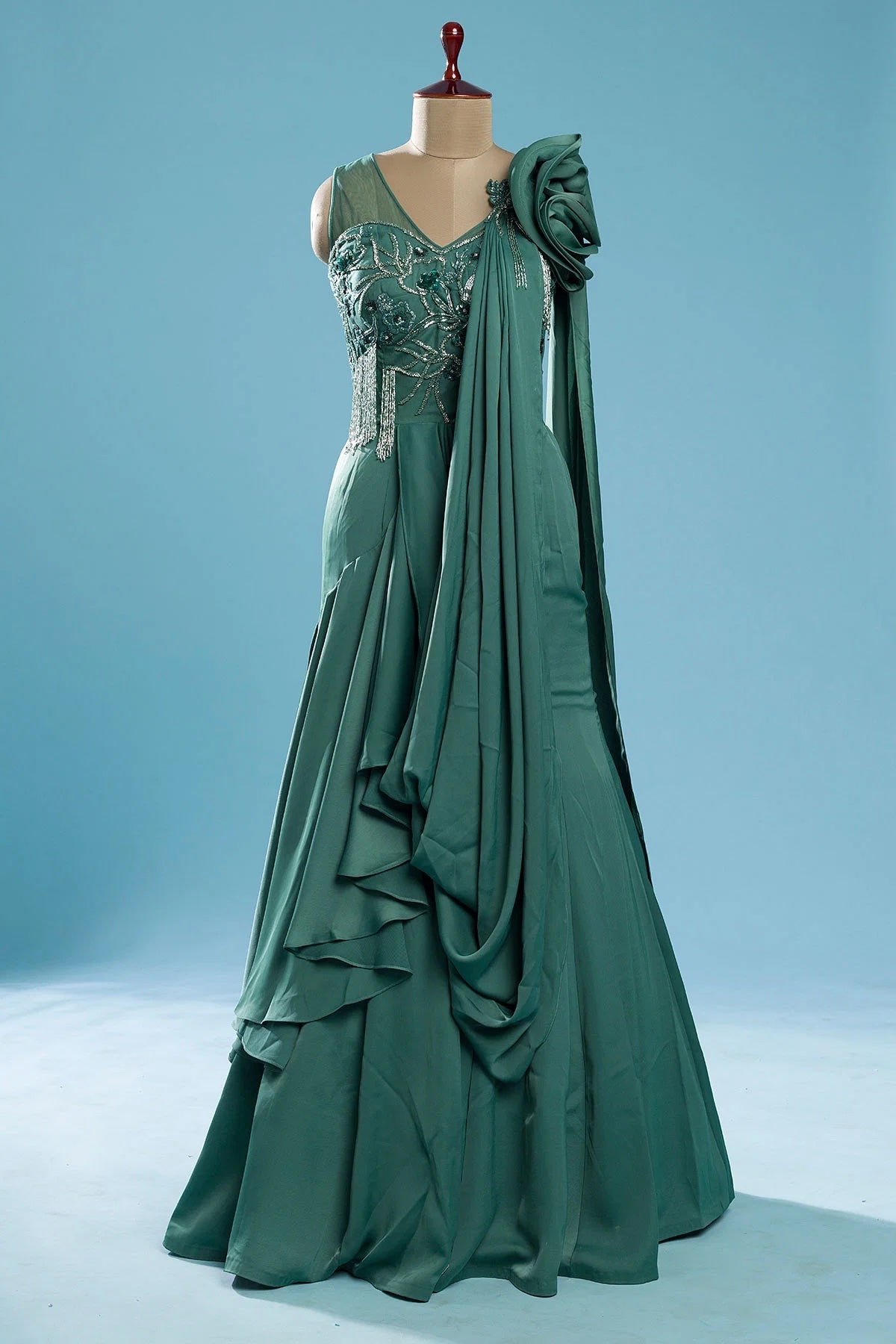 Smoke Pine Green Sequins Embroidered Satin Evening Gown Smoke Pine Green Sequins Embroidered Satin Evening Gown