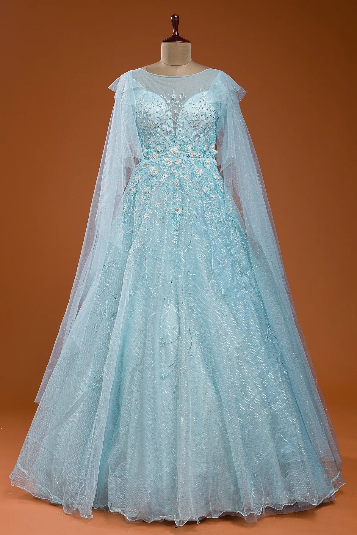 Mint Blue Sequins Embroidered Net Evening Gown – Rim Zim Fashion