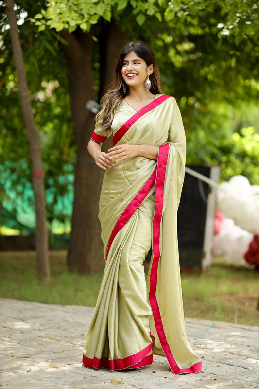 Minty Blush Satin Crepe Saree with Rani Satin Border