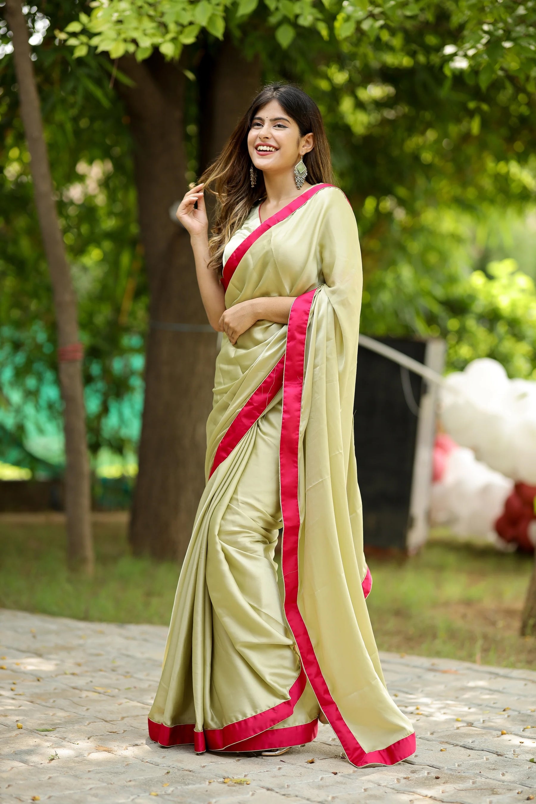 Minty Blush Satin Crepe Saree with Rani Satin Border