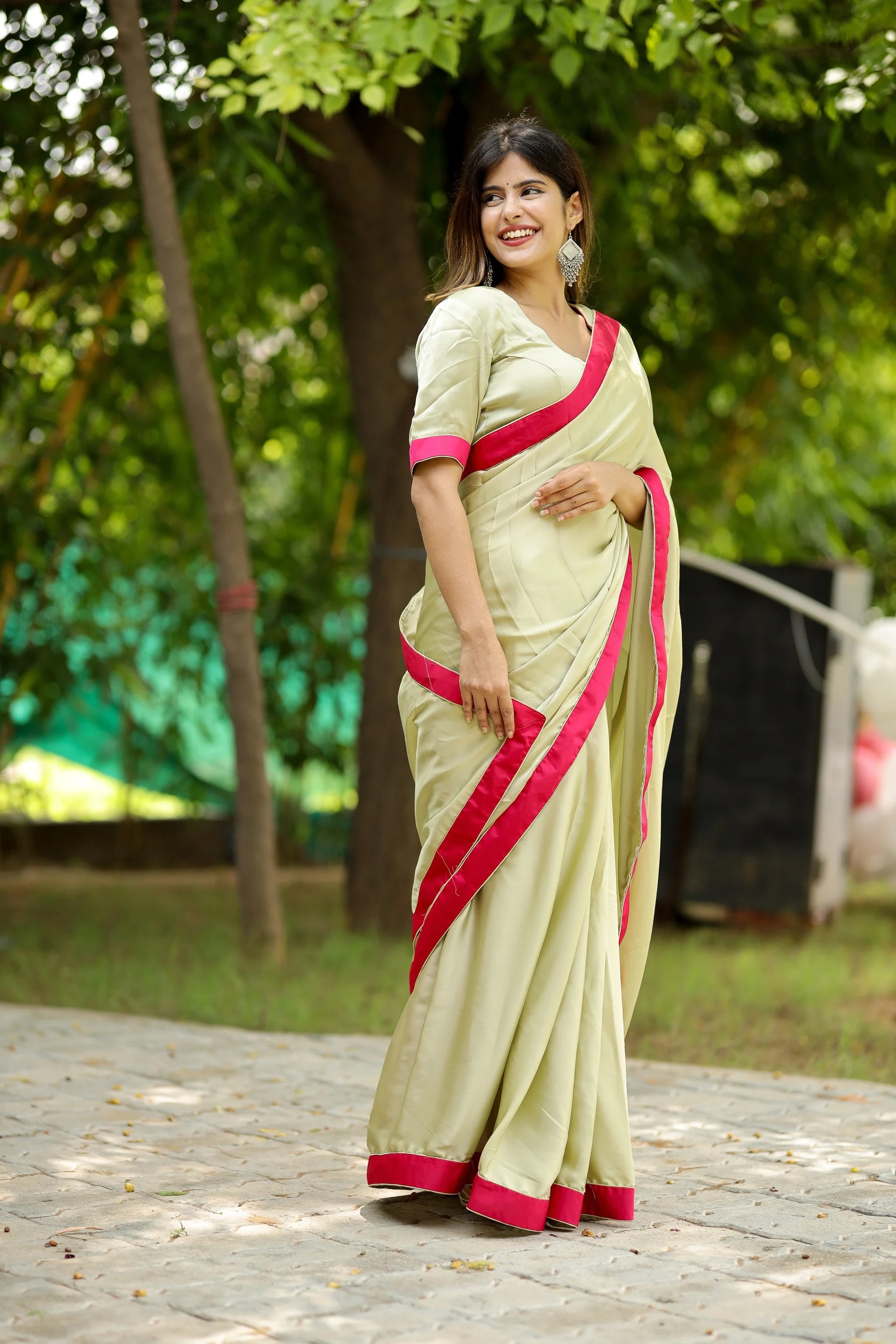 Minty Blush Satin Crepe Saree with Rani Satin Border