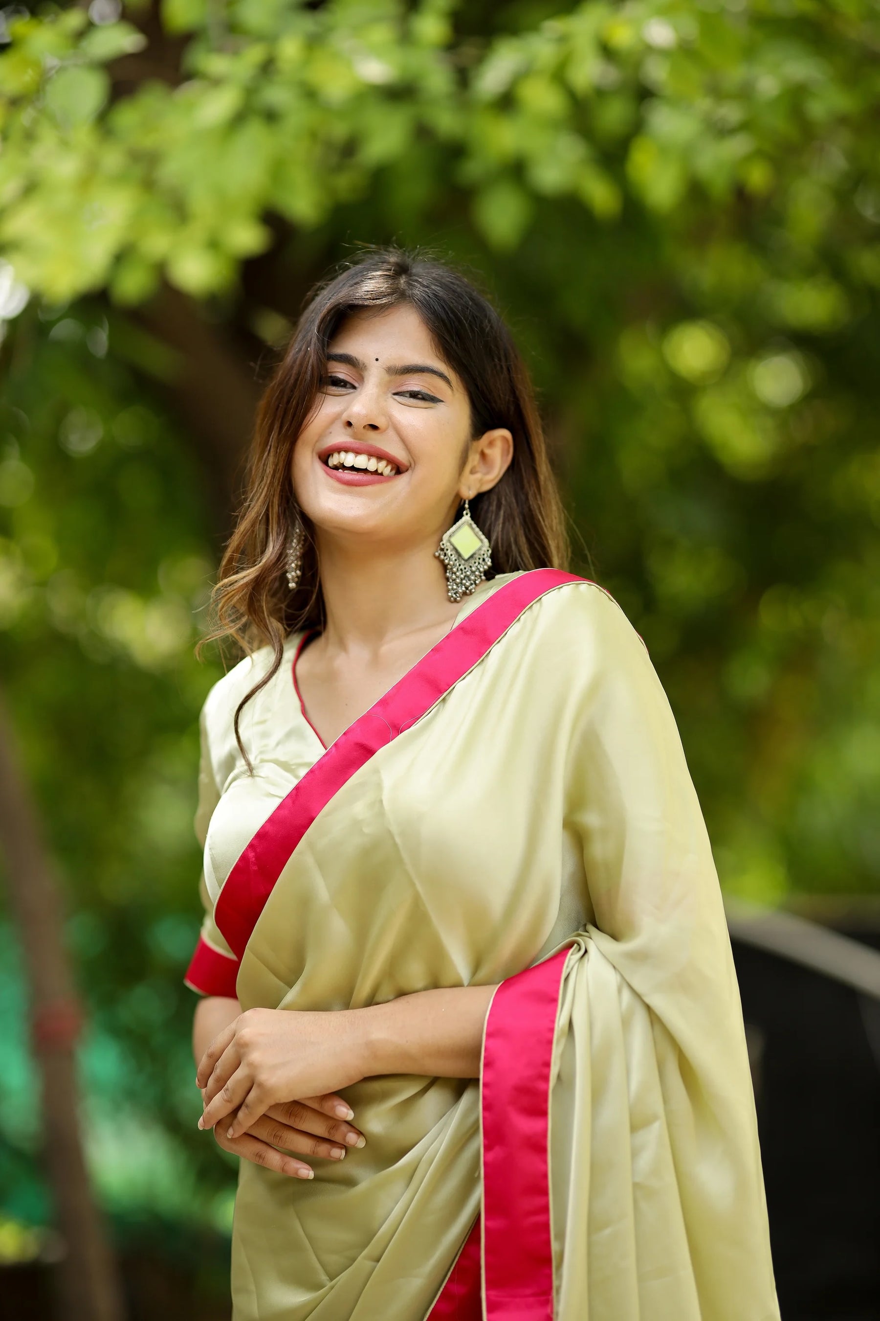 Minty Blush Satin Crepe Saree with Rani Satin Border