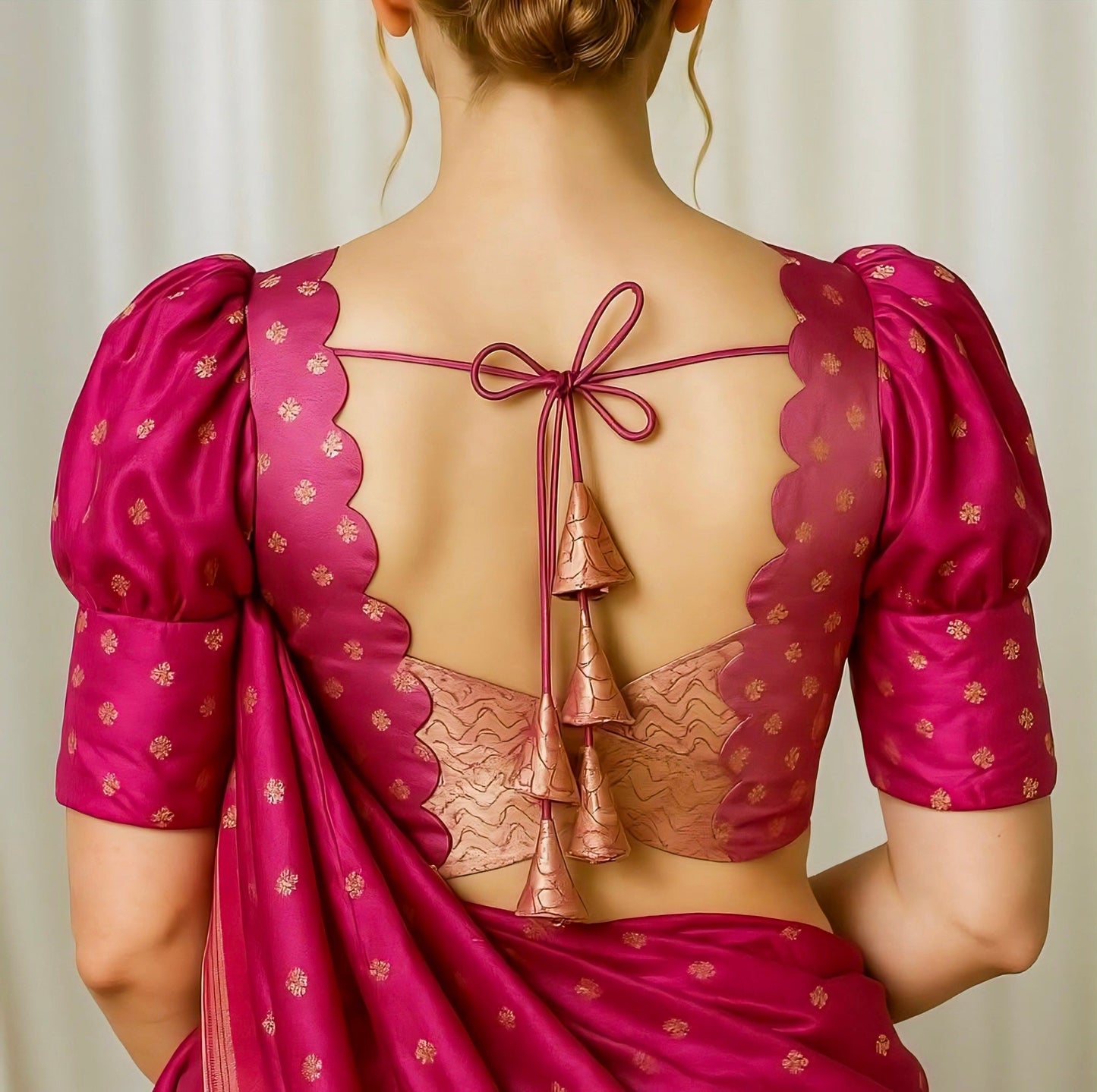 Magenta silk blouse with scalloped back neckline and dori tassels — elegant festive saree blouse design for women.