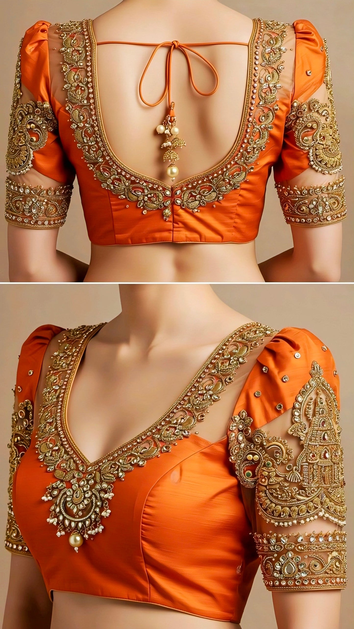Orange bridal blouse with heavy zardosi and stone embroidery, featuring deep V-neck, back tie dori, and intricate sleeve work — perfect for wedding sarees.