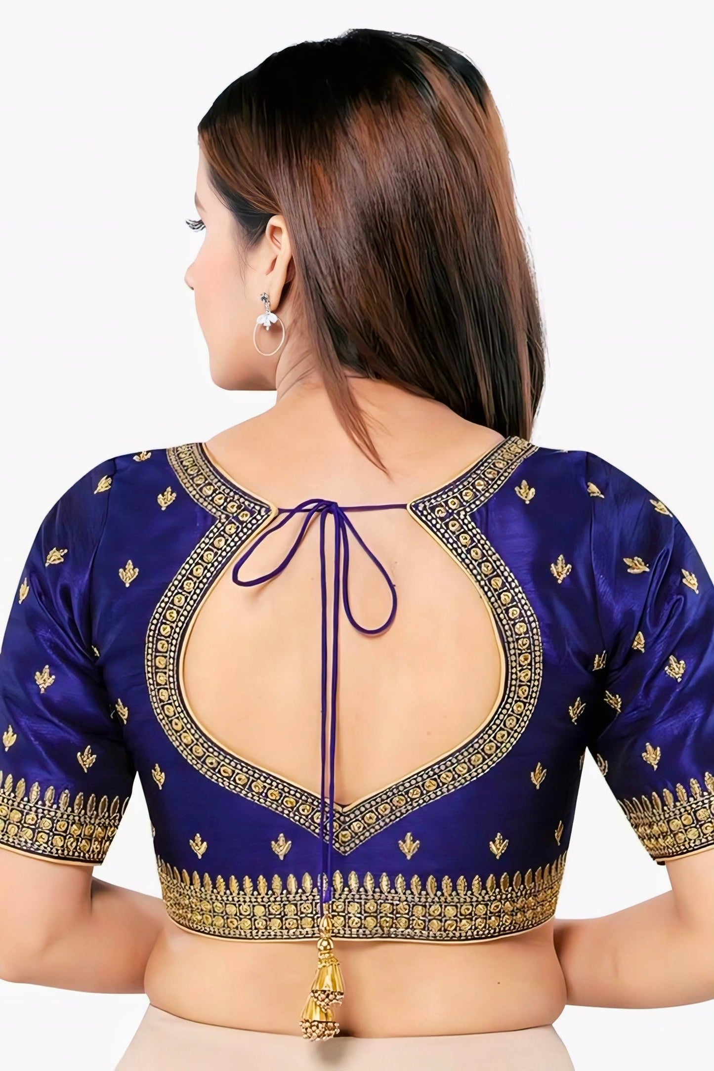 Royal blue embroidered silk blouse with deep back neck and golden dori tie-up.