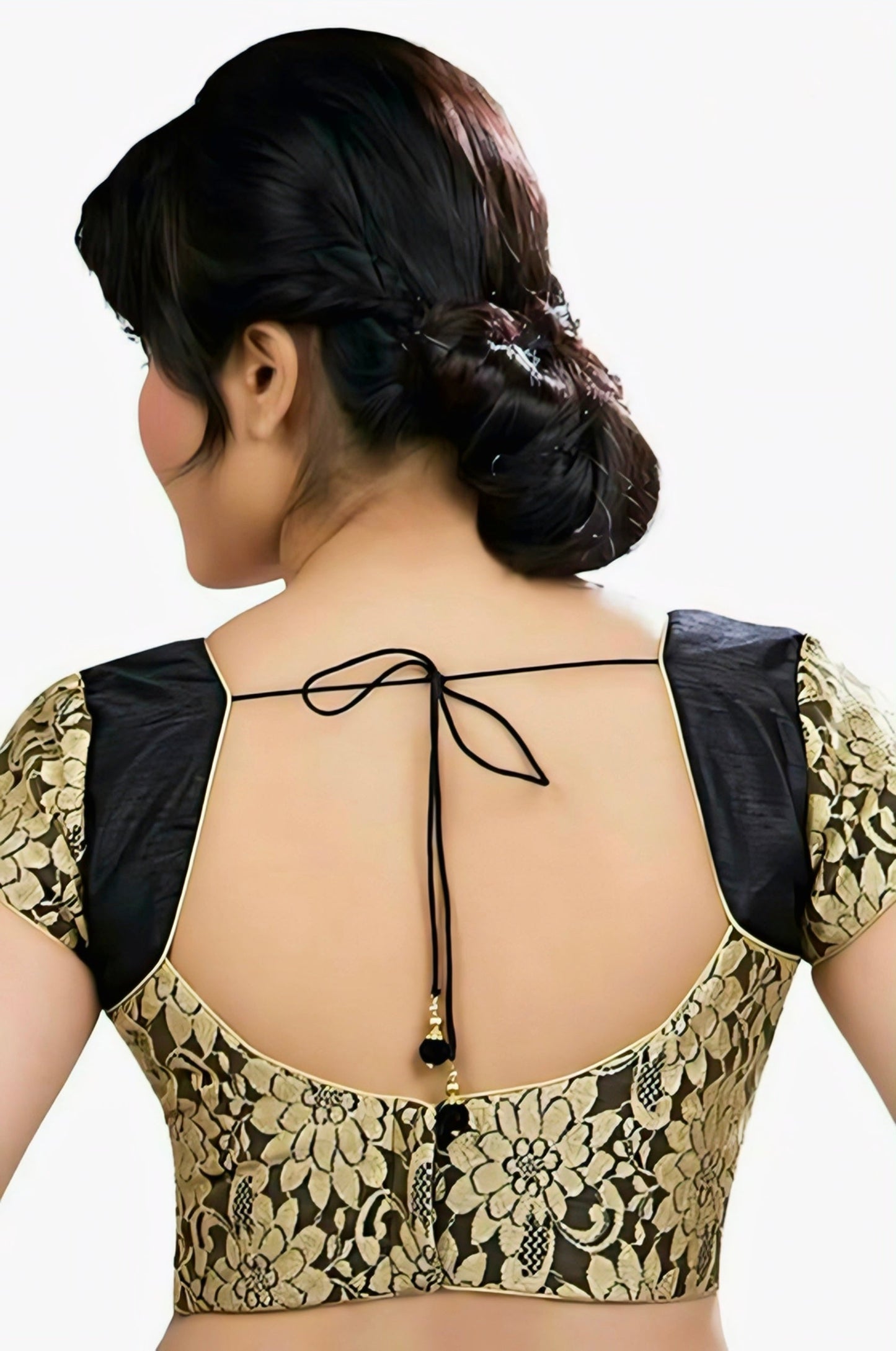 Black and golden lace blouse with deep U-back and dori tie design.