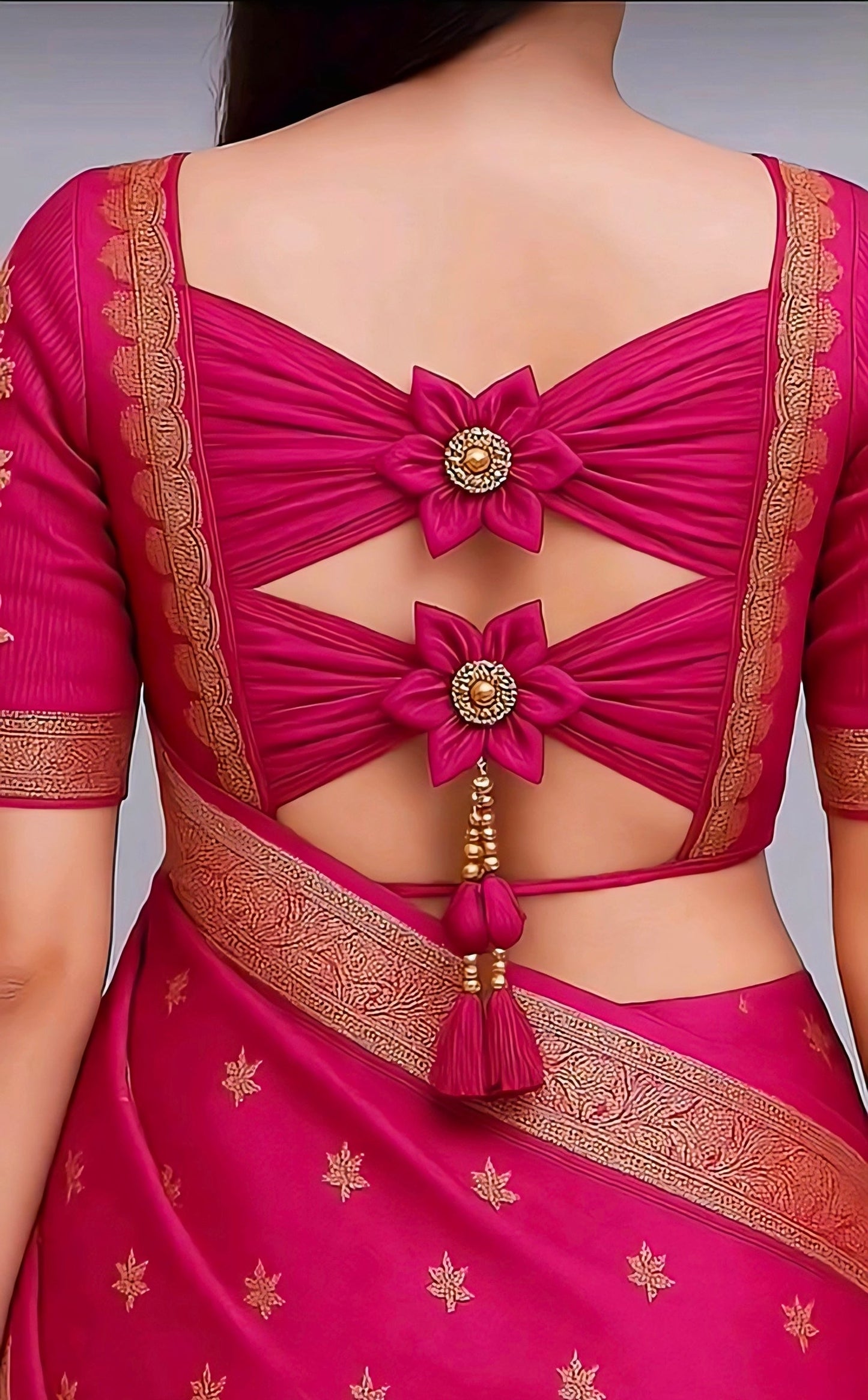 Pink silk designer blouse with double floral bow back design, gold bead detailing, and tassel accents.