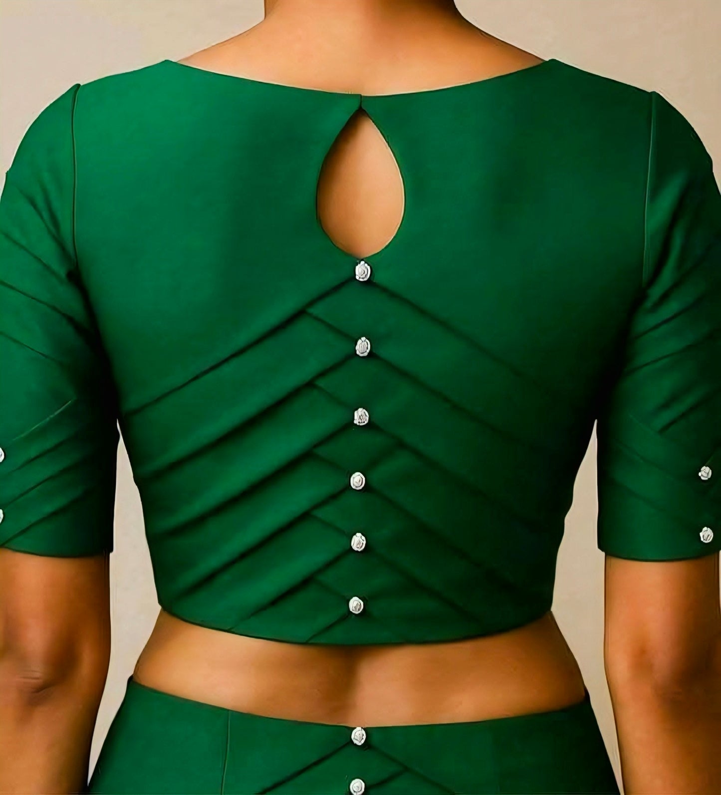 Pleated Keyhole Back Blouse with Button Detailing | Elegant Green Designer Blouse – Rimzim Fashion