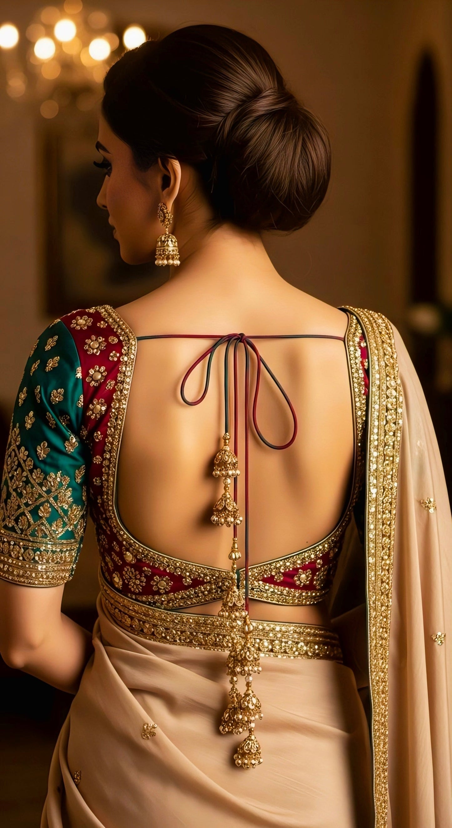 Back view of a designer maroon and teal embroidered backless blouse with golden latkans and tie-back dori worn with a beige saree