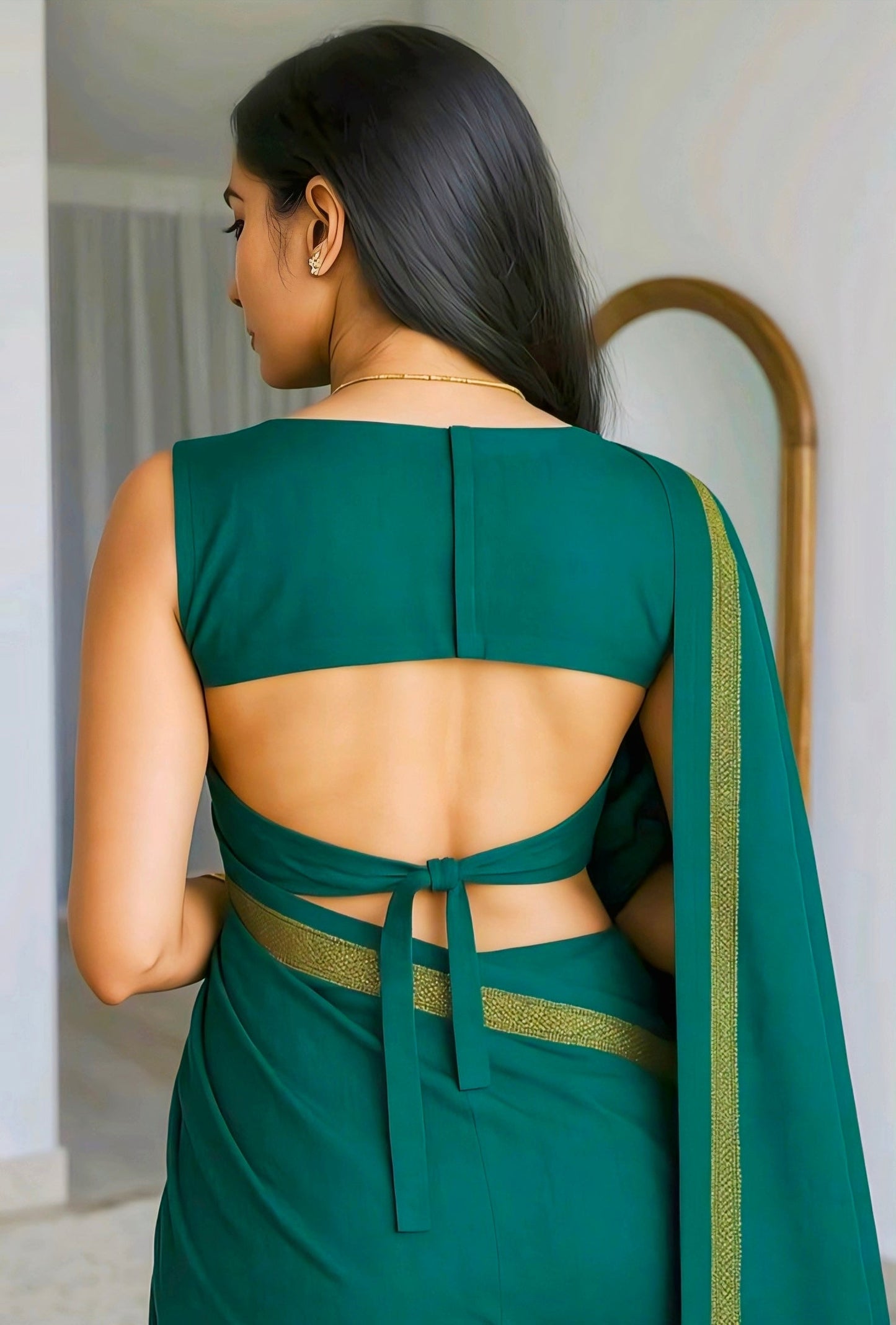 Green saree blouse with back cut-out and tie-back design – modern stylish back neck blouse