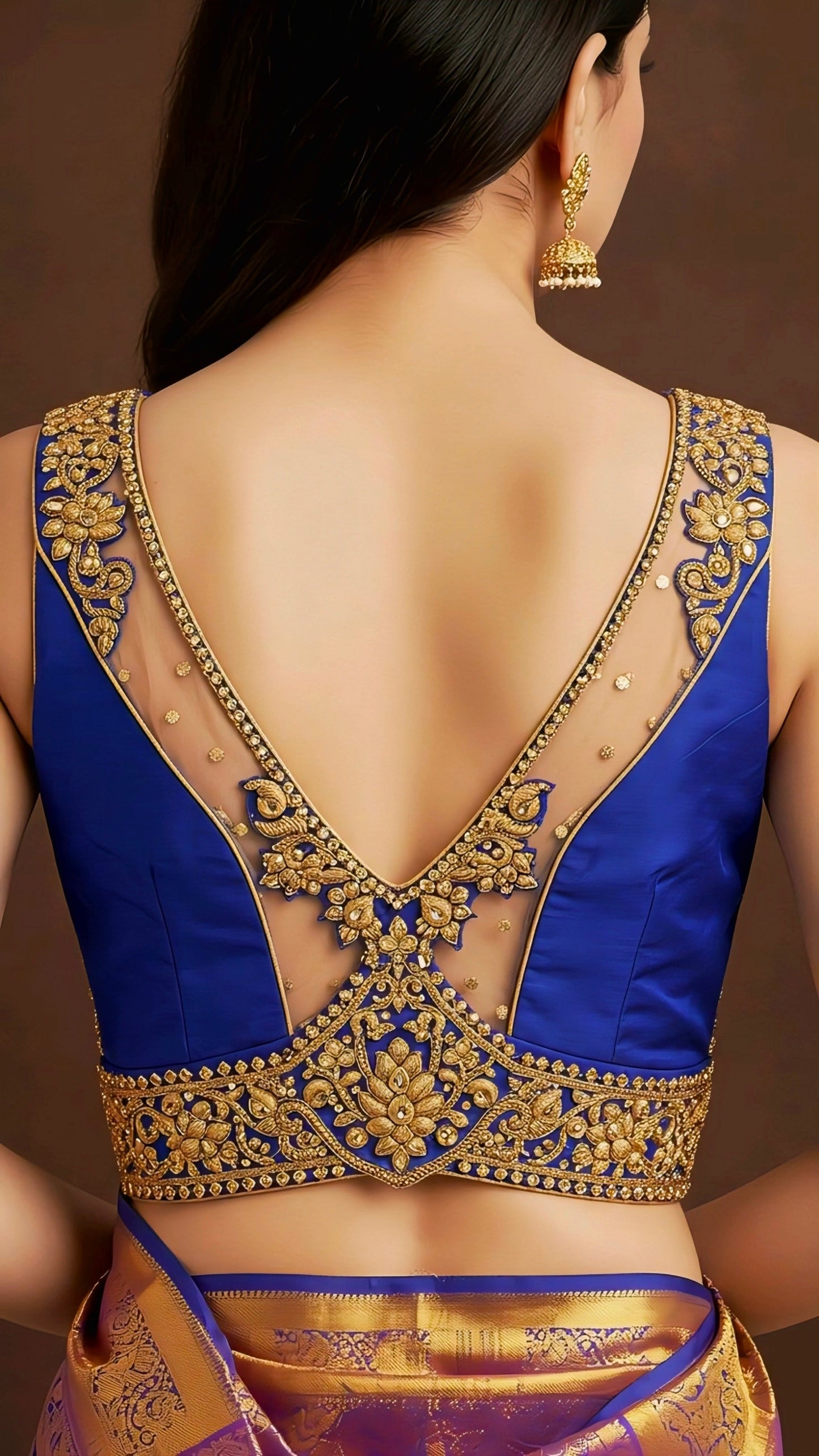 Royal blue deep V-back blouse with golden embroidery and sheer back neck design
