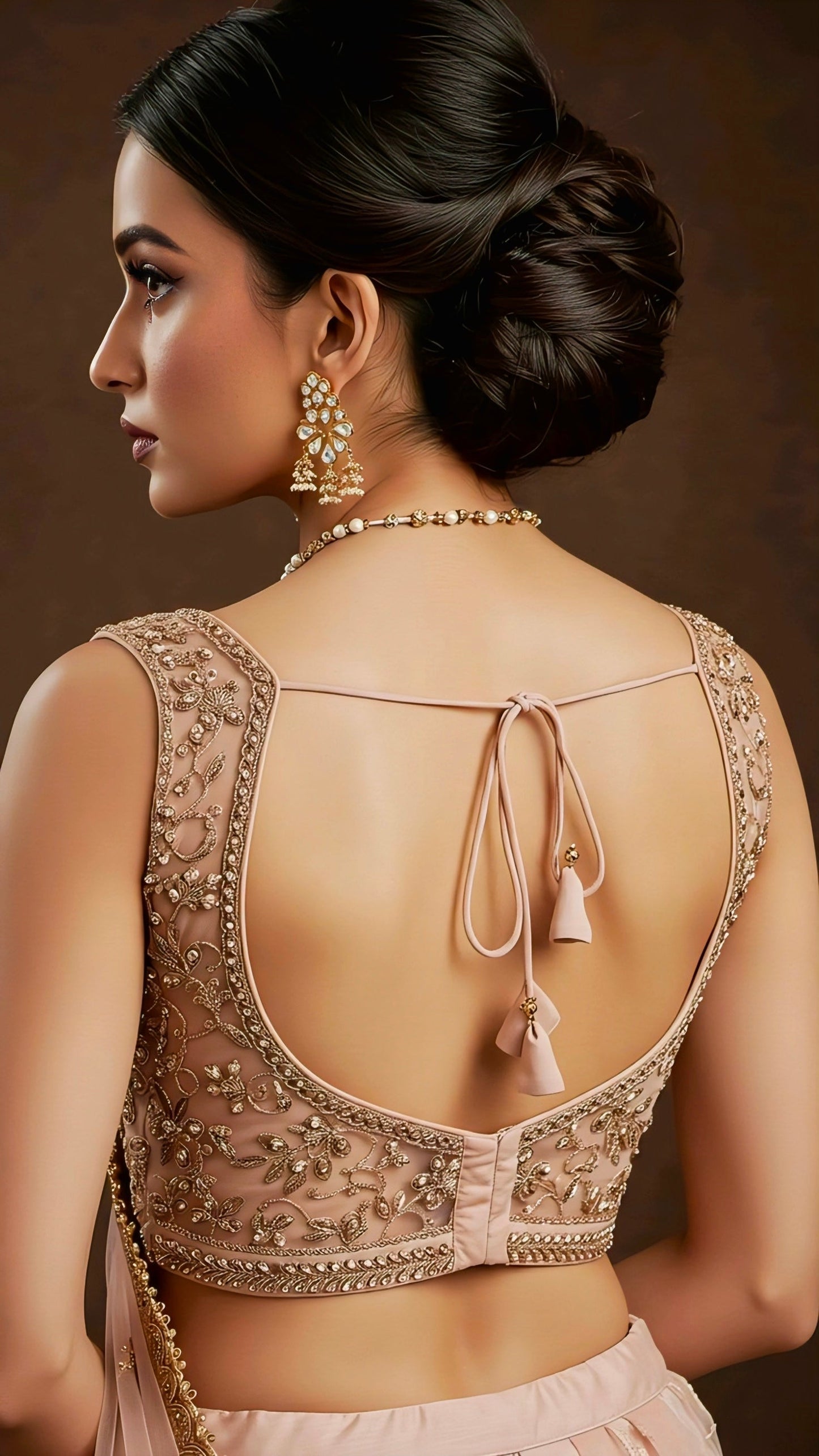 Woman wearing blush pink embroidered blouse with tie-up back design — elegant pastel ethnic look.