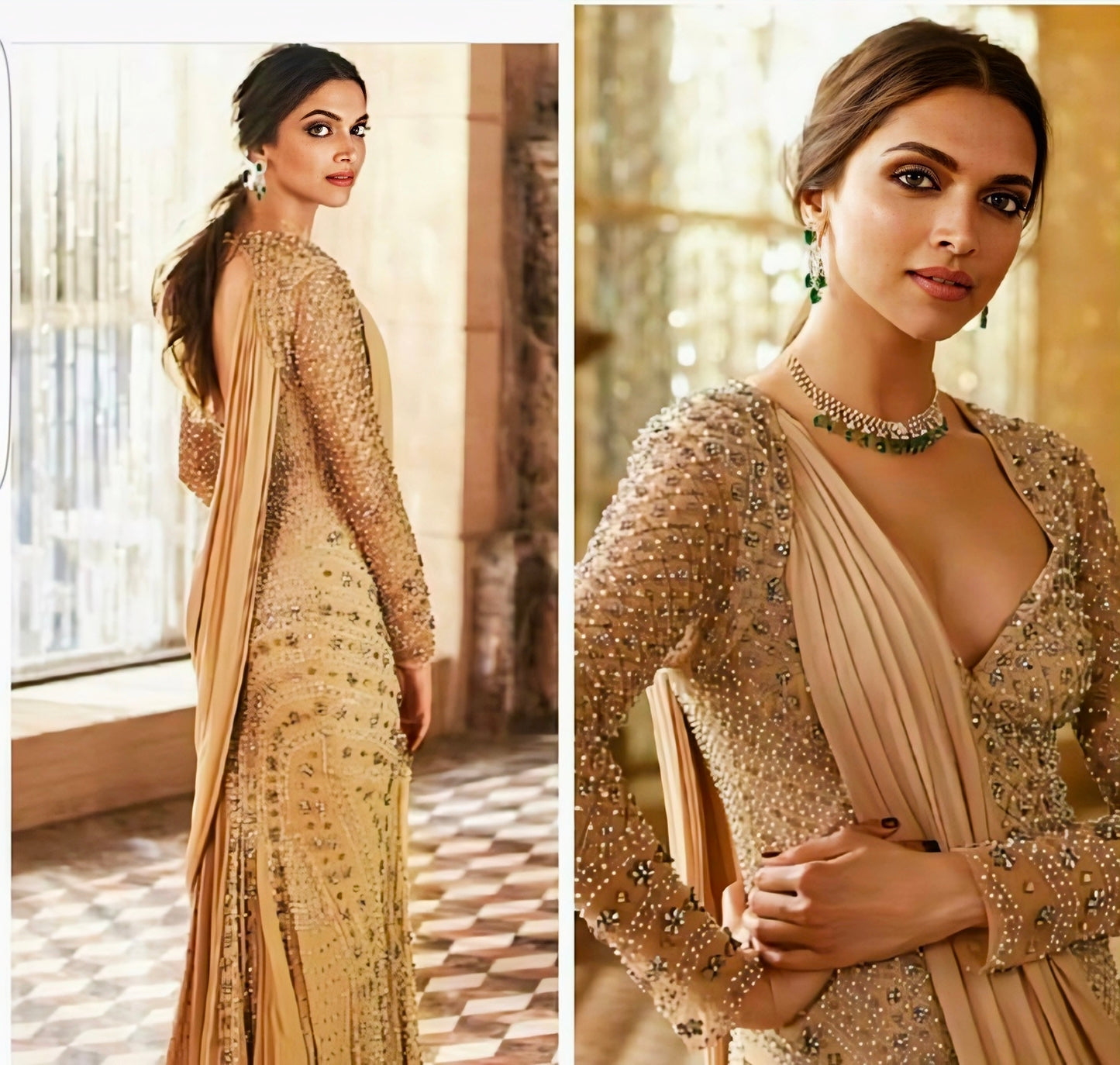 Champagne embellished sequin saree with sheer embroidered blouse