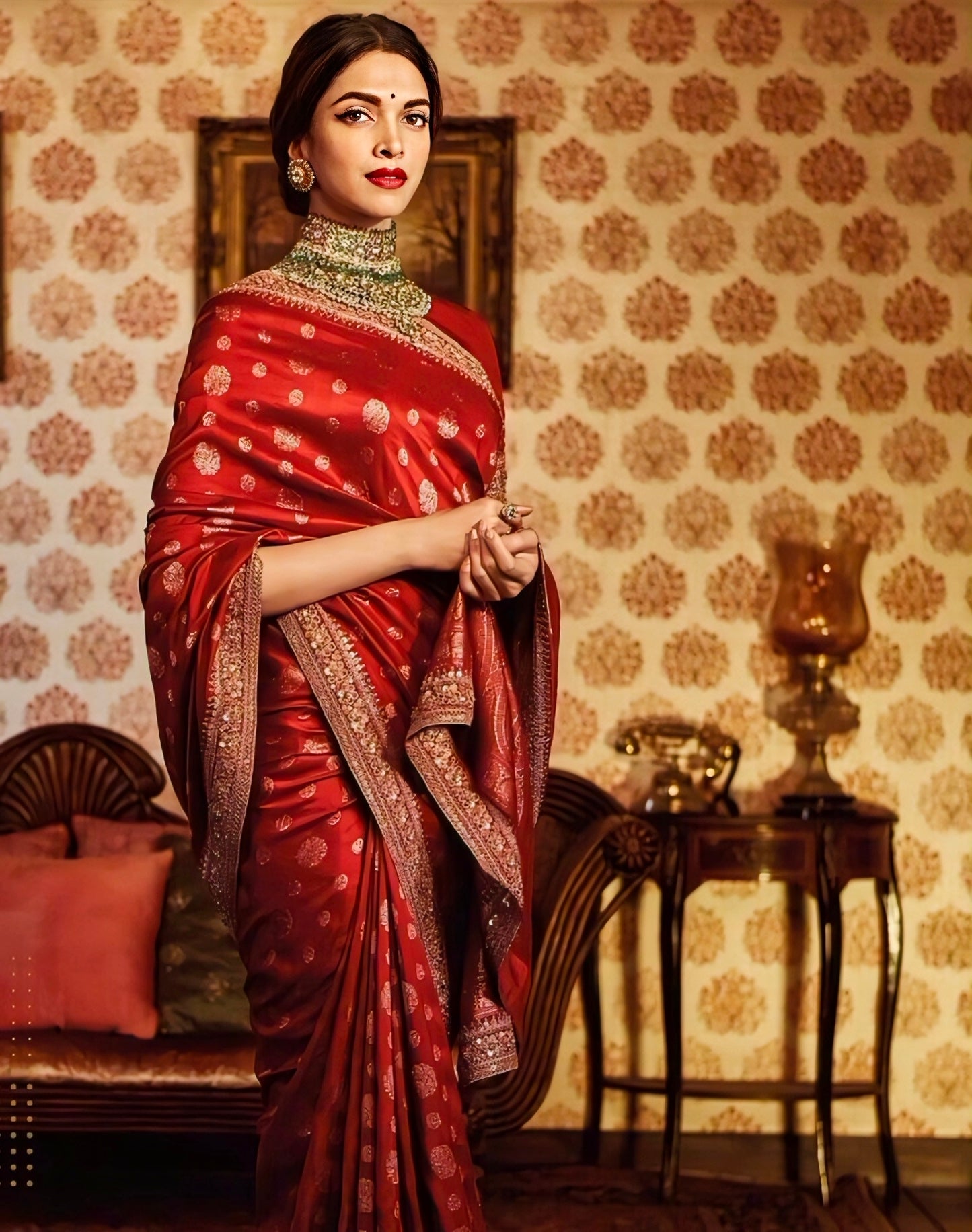 Deepika Padukone inspired red Banarasi silk saree