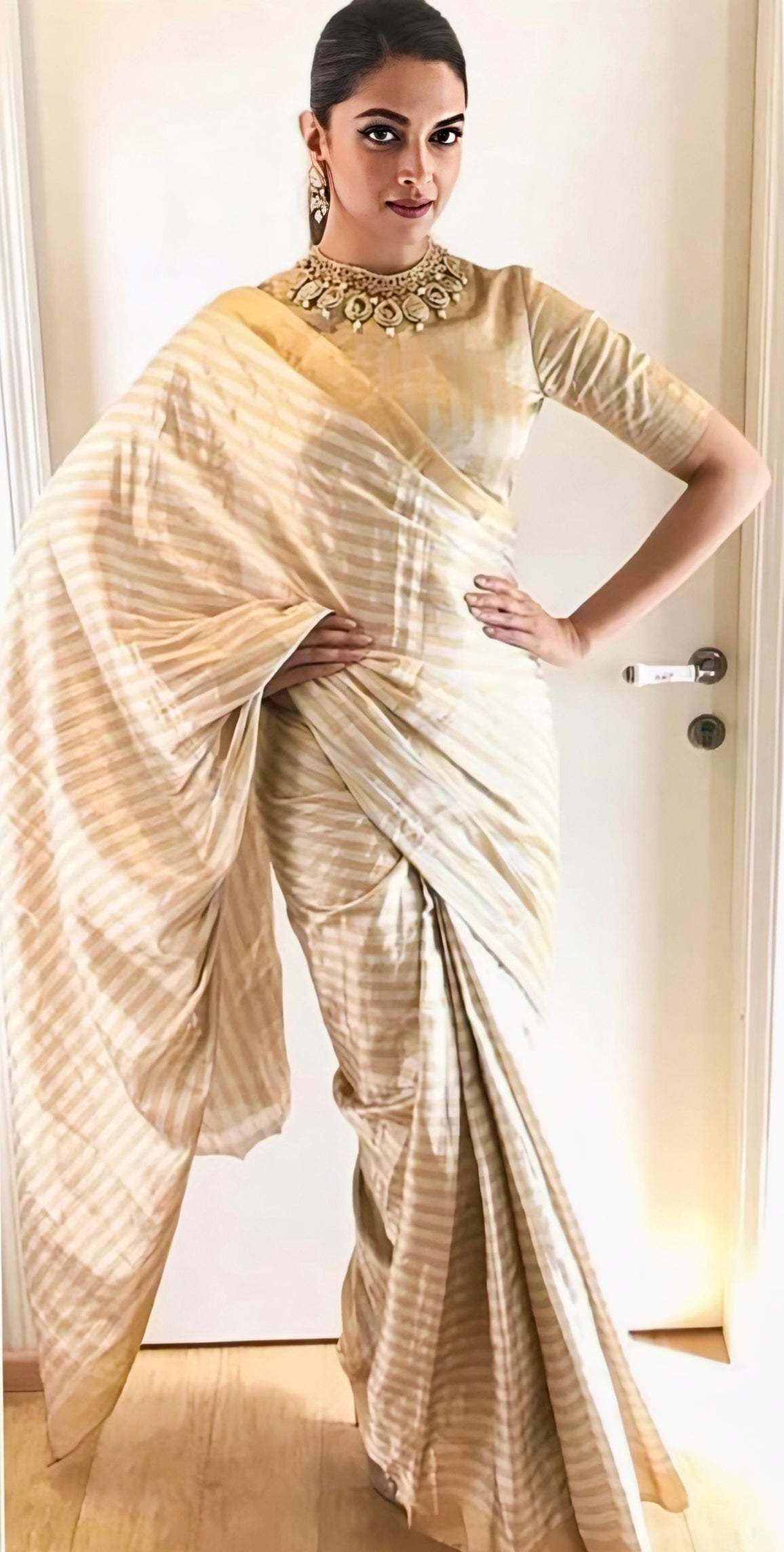 Gold striped silk look Deepika-style saree with matching blouse