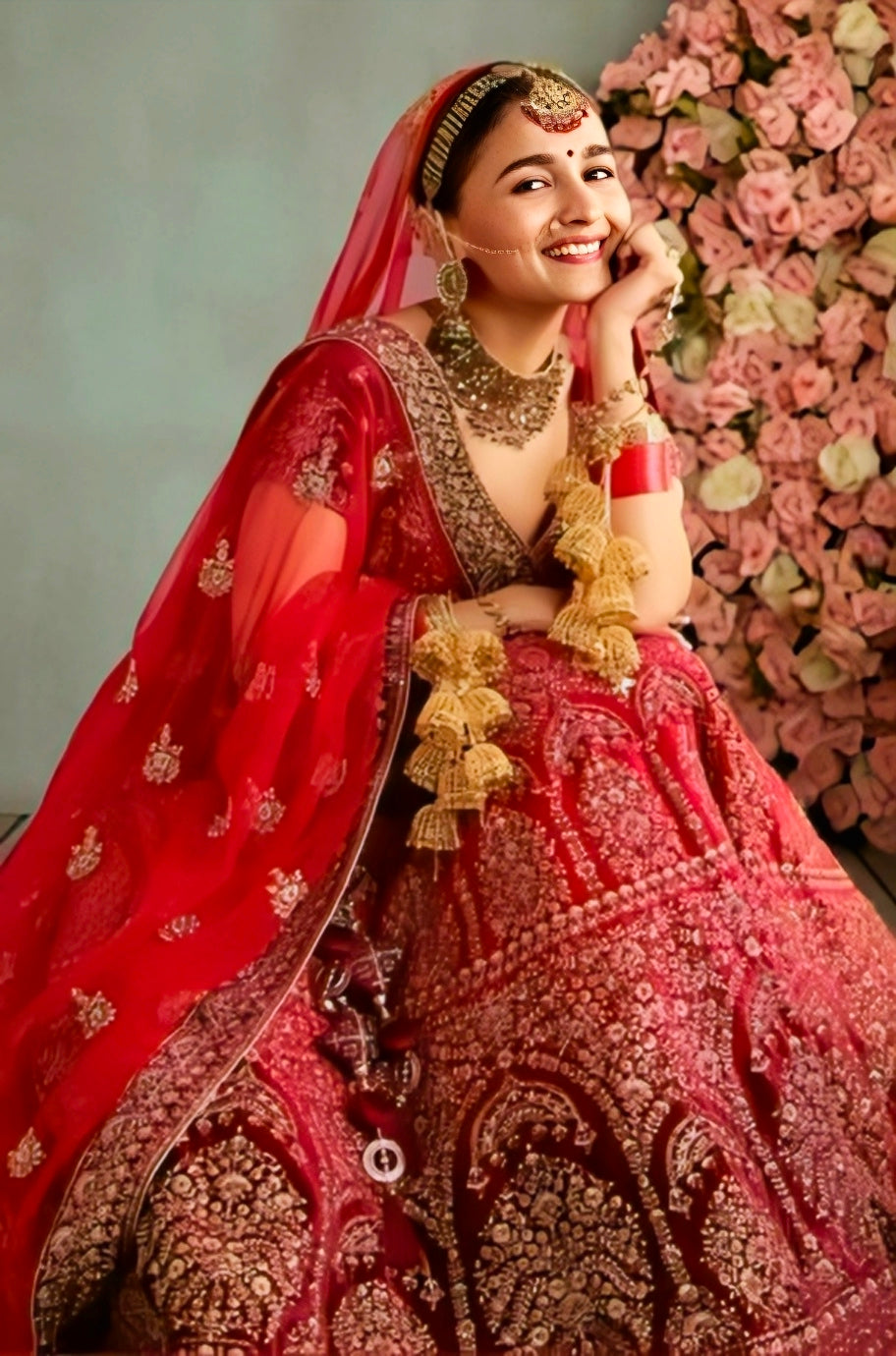 Red heavy embroidered bridal lehenga with golden detailing and net dupatta.