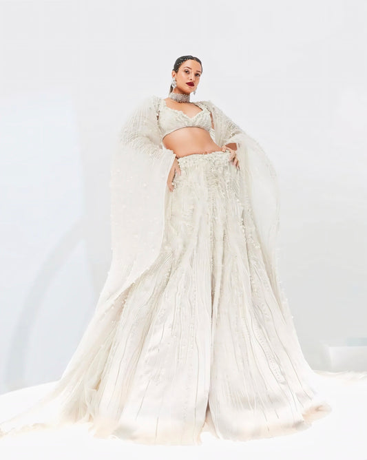 Ivory White Heavy Embroidered Designer Lehenga Choli with Cape Dupatta