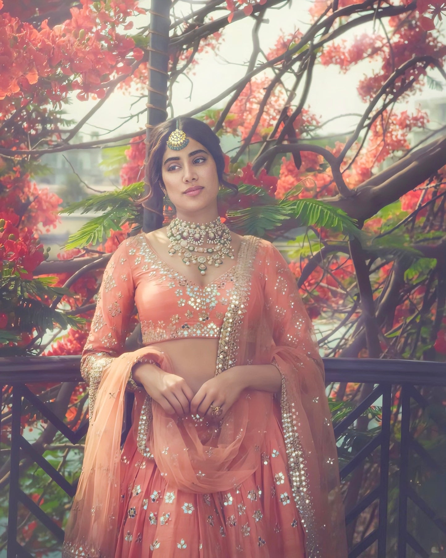 Janhvi Kapoor Inspired Peach Mirror Work Designer Lehenga Choli