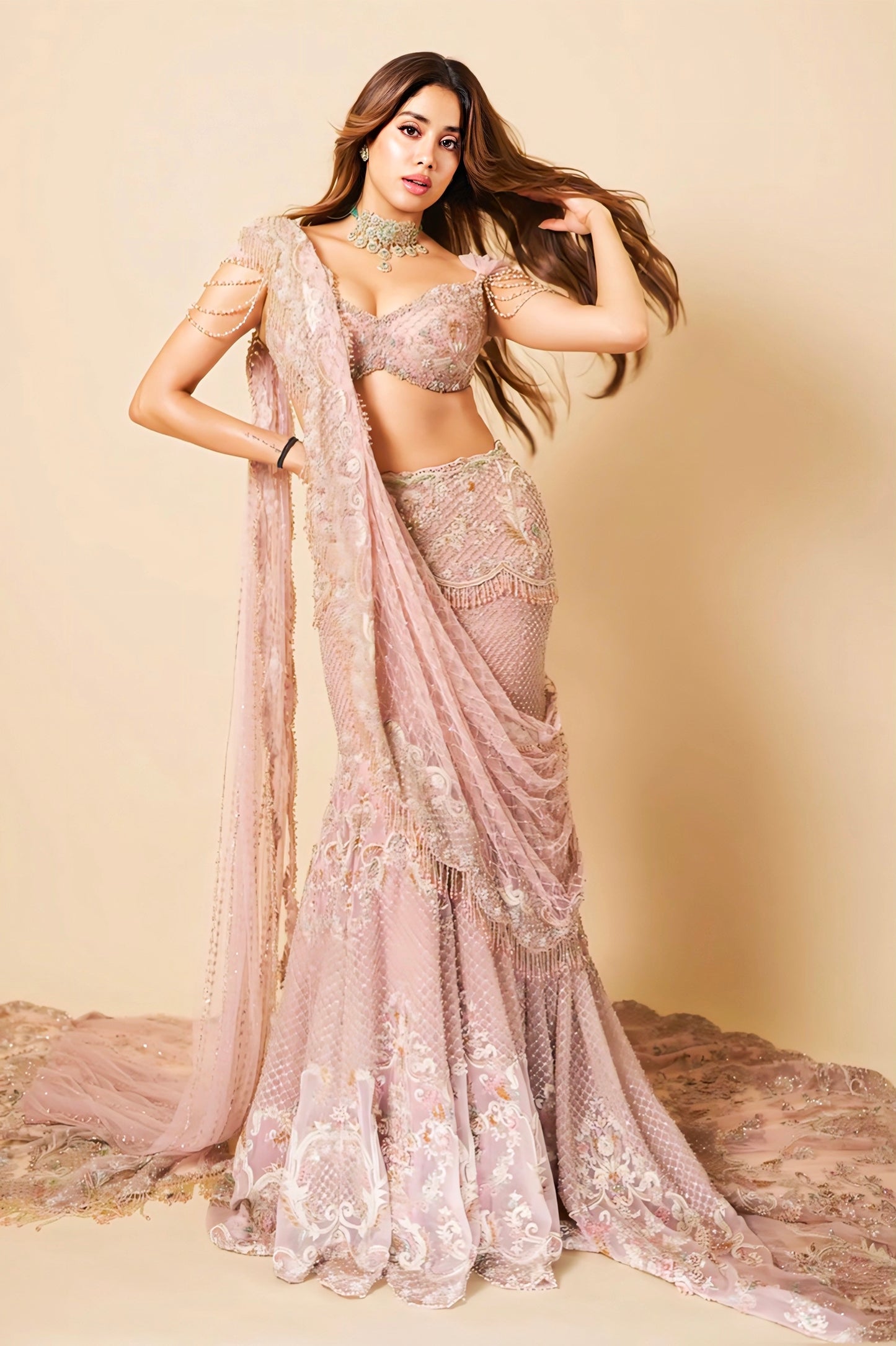 Janhvi Kapoor Inspired Blush Pink Net Designer Lehenga Choli