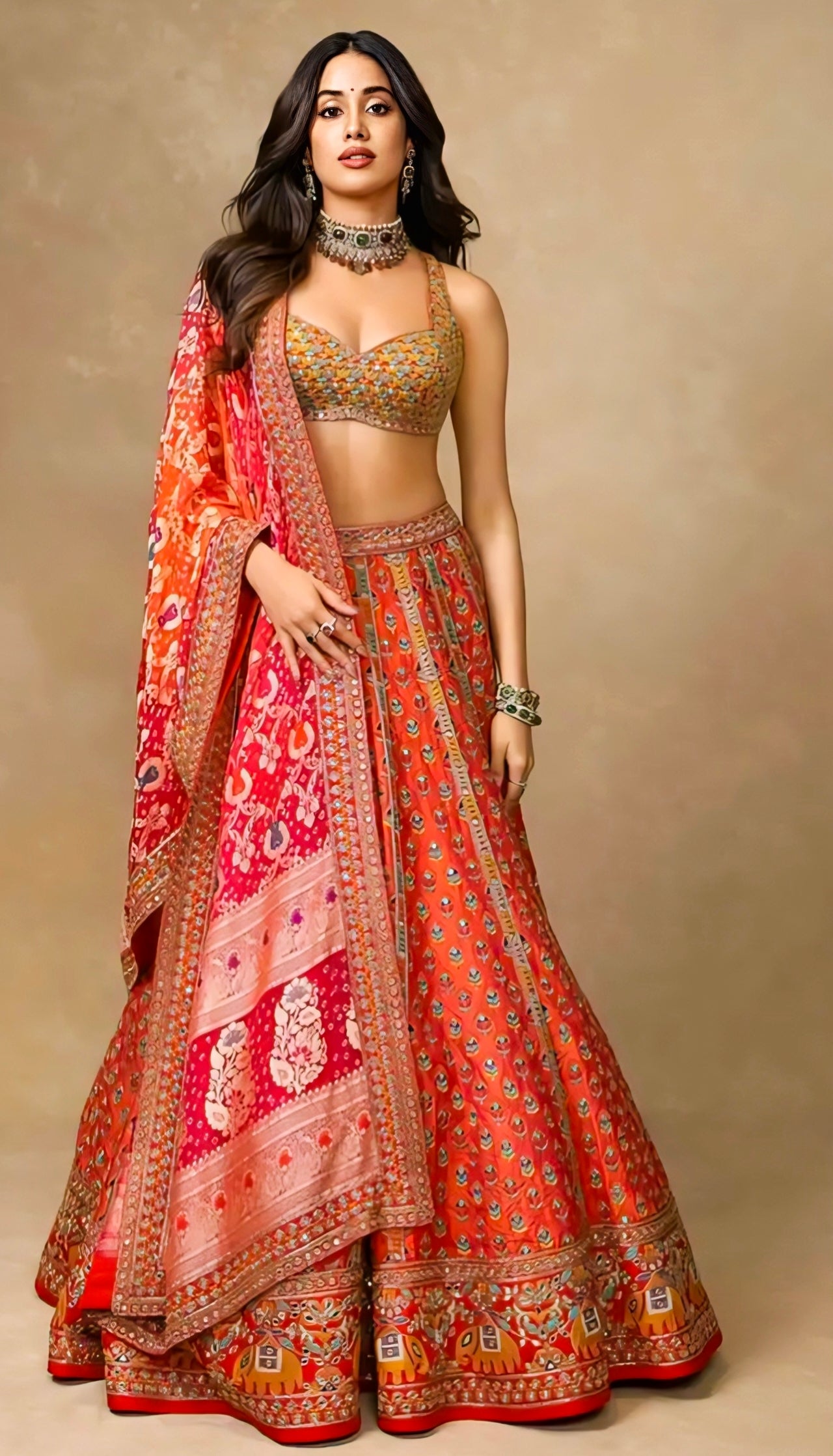 Janhvi Kapoor Inspired Red Bandhani Print Designer Lehenga Choli