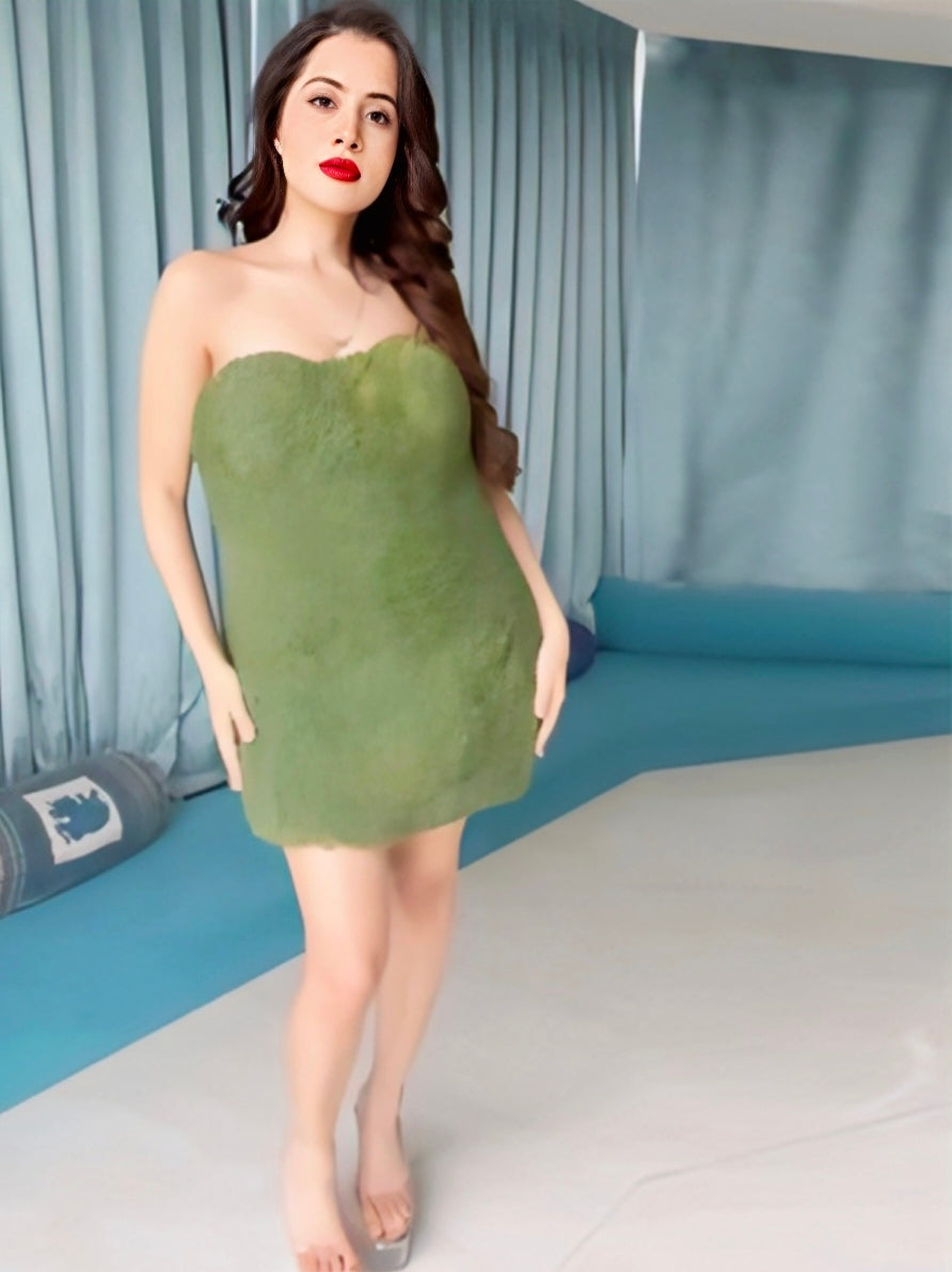 Urfi Javed green strapless dress crafted with chia seeds paired with clear block heels bold couture fashion look