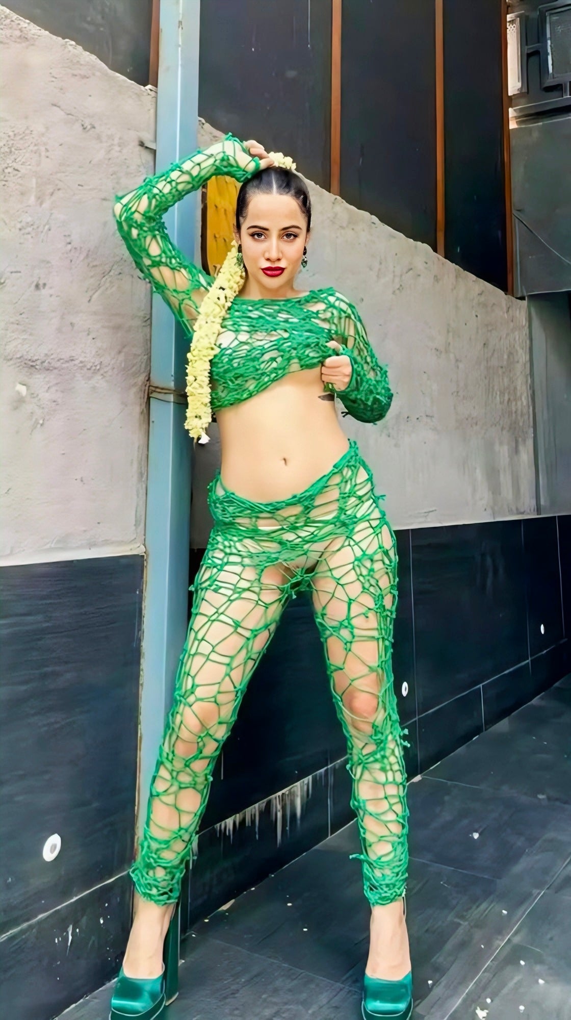 Urfi Javed green cricket net outfit sporty chic two piece fashion look