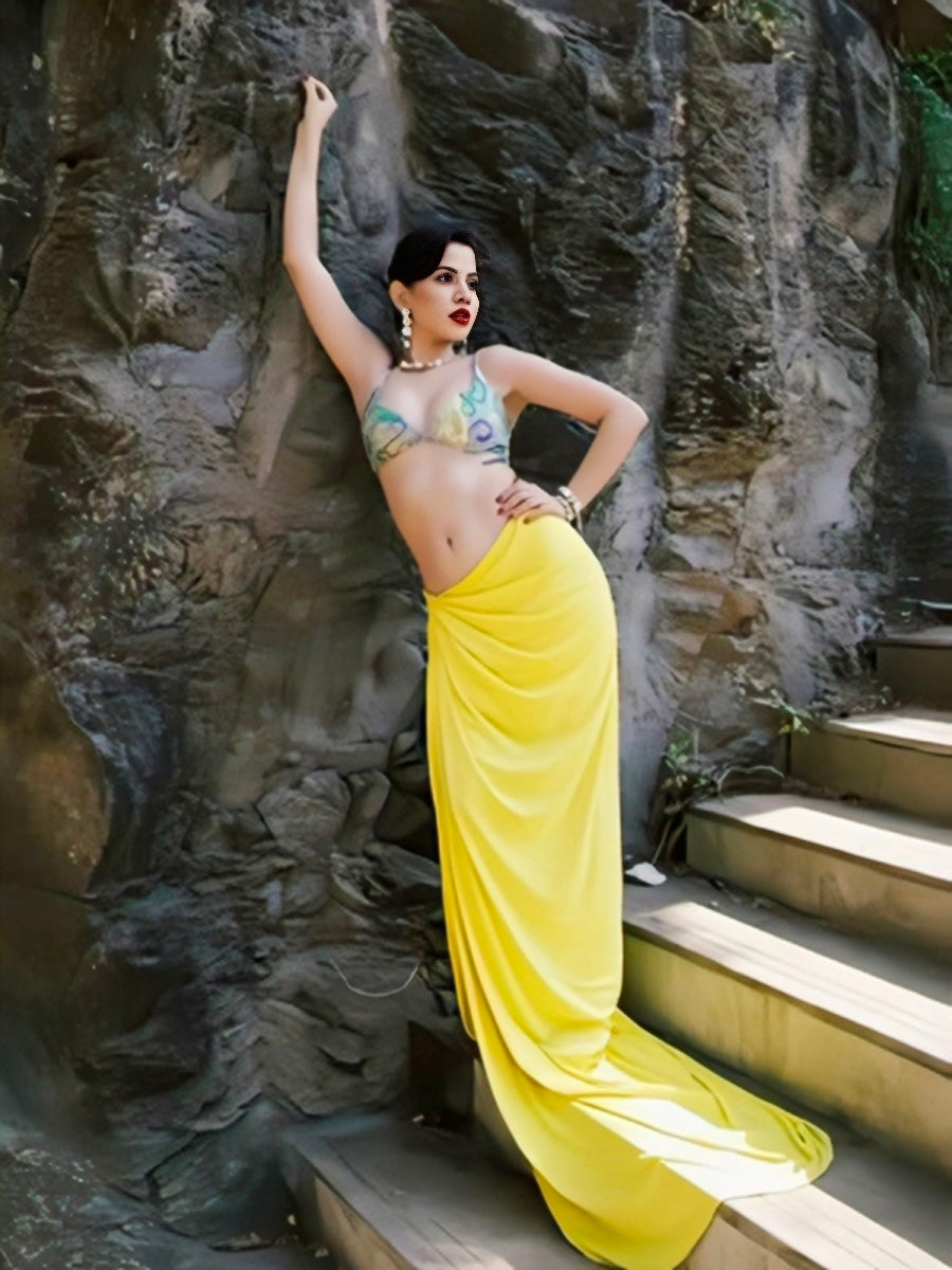 Urfi Javed green embroidered bralette paired with yellow draped skirt ruched at the waist couture fashion look