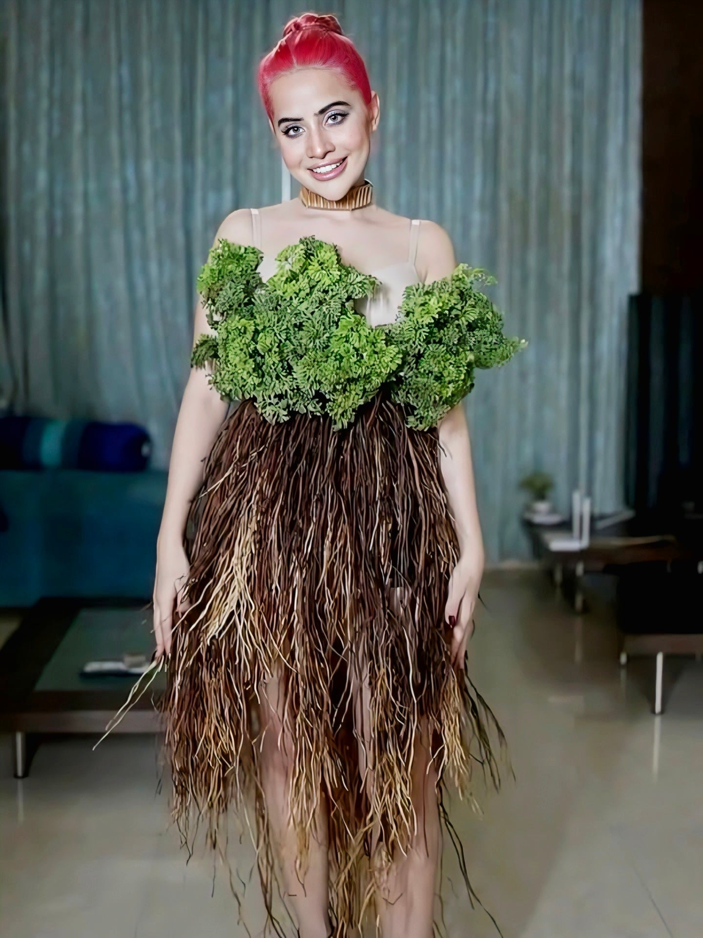 Urfi Javed leafy green top with cascading brown roots bold nature couture fashion look