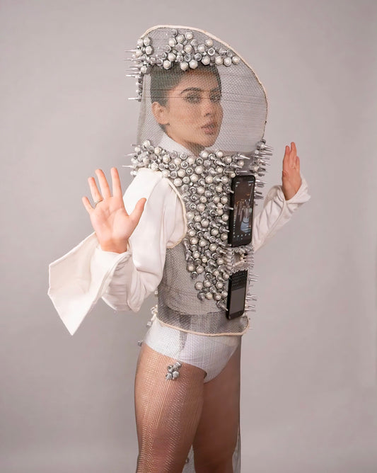 Urfi Javed Circuit Chic Outfit | Tech Mesh Couture with Mobile Elements
