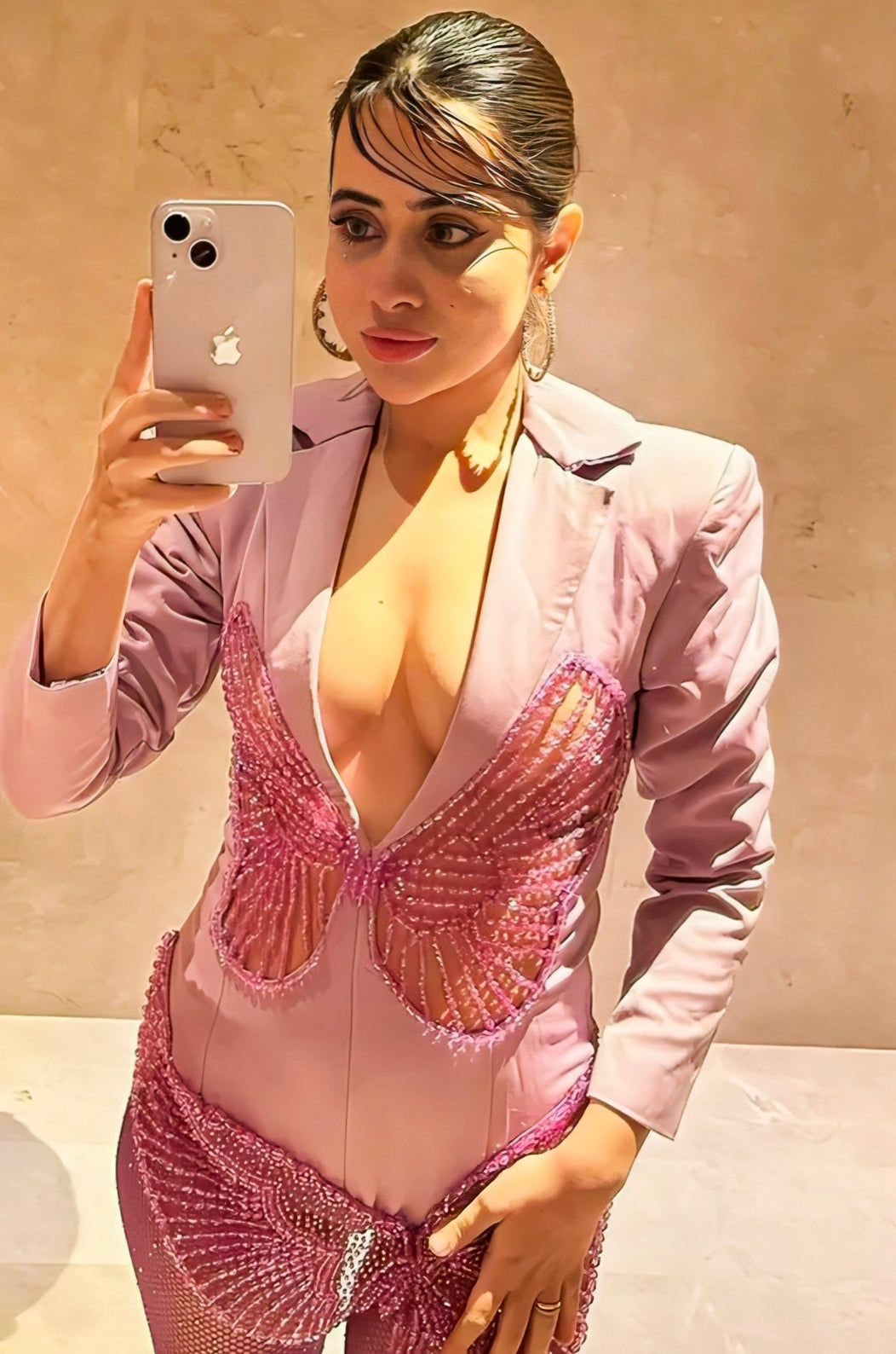 urfi javed bold dress inspired pink blazer style cut out outfit