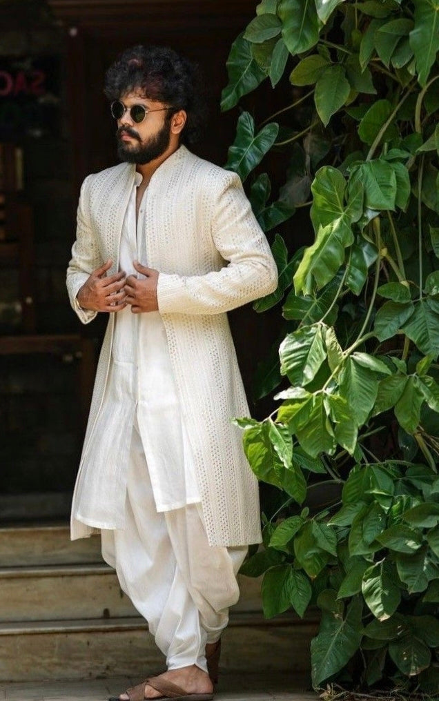 Contemporary Engagement White Dress for Men with Long Textured Jacket