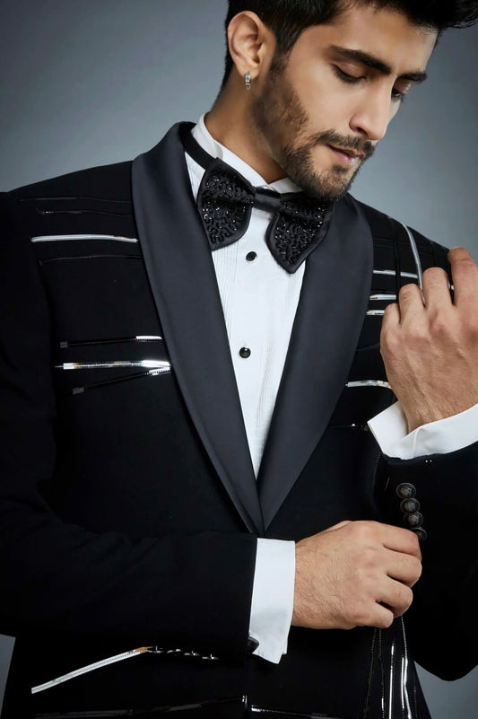 Designer Black Tuxedo Suit for Men with Satin Lapel & Modern Embellished Detailing
