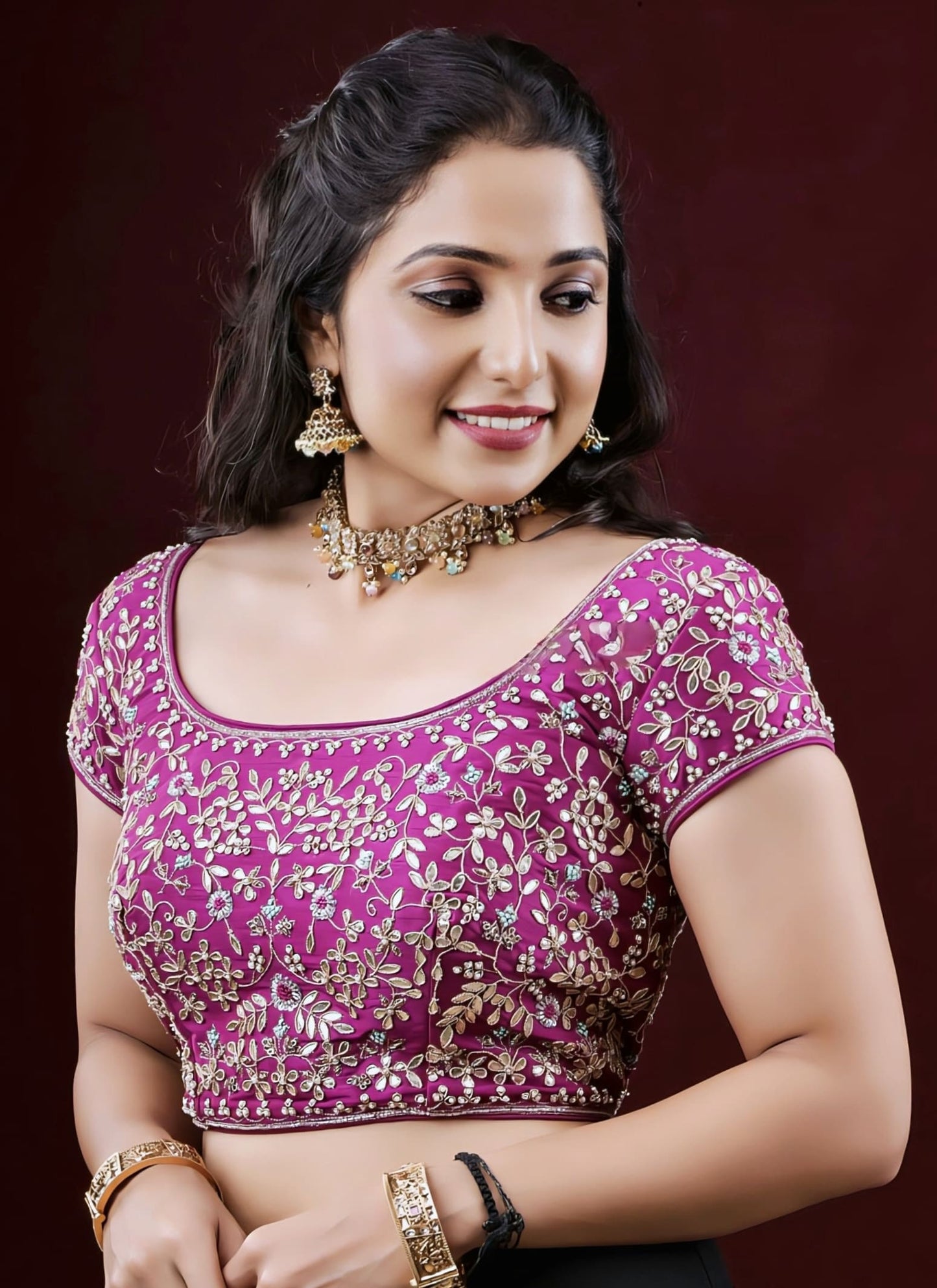 Magenta Purple Floral Embroidered Princess Cut Blouse with Short Sleeves