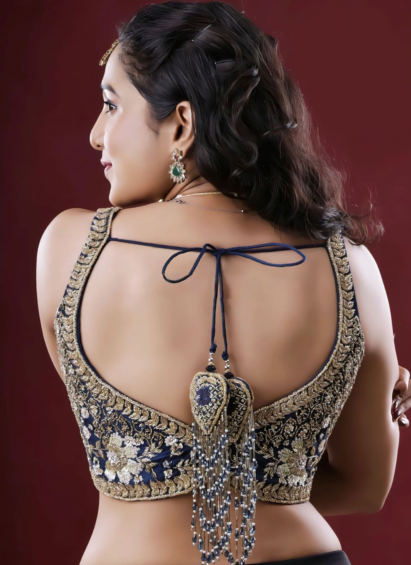 Navy Blue & Gold Heavily Embroidered Princess Cut Sleeveless Blouse