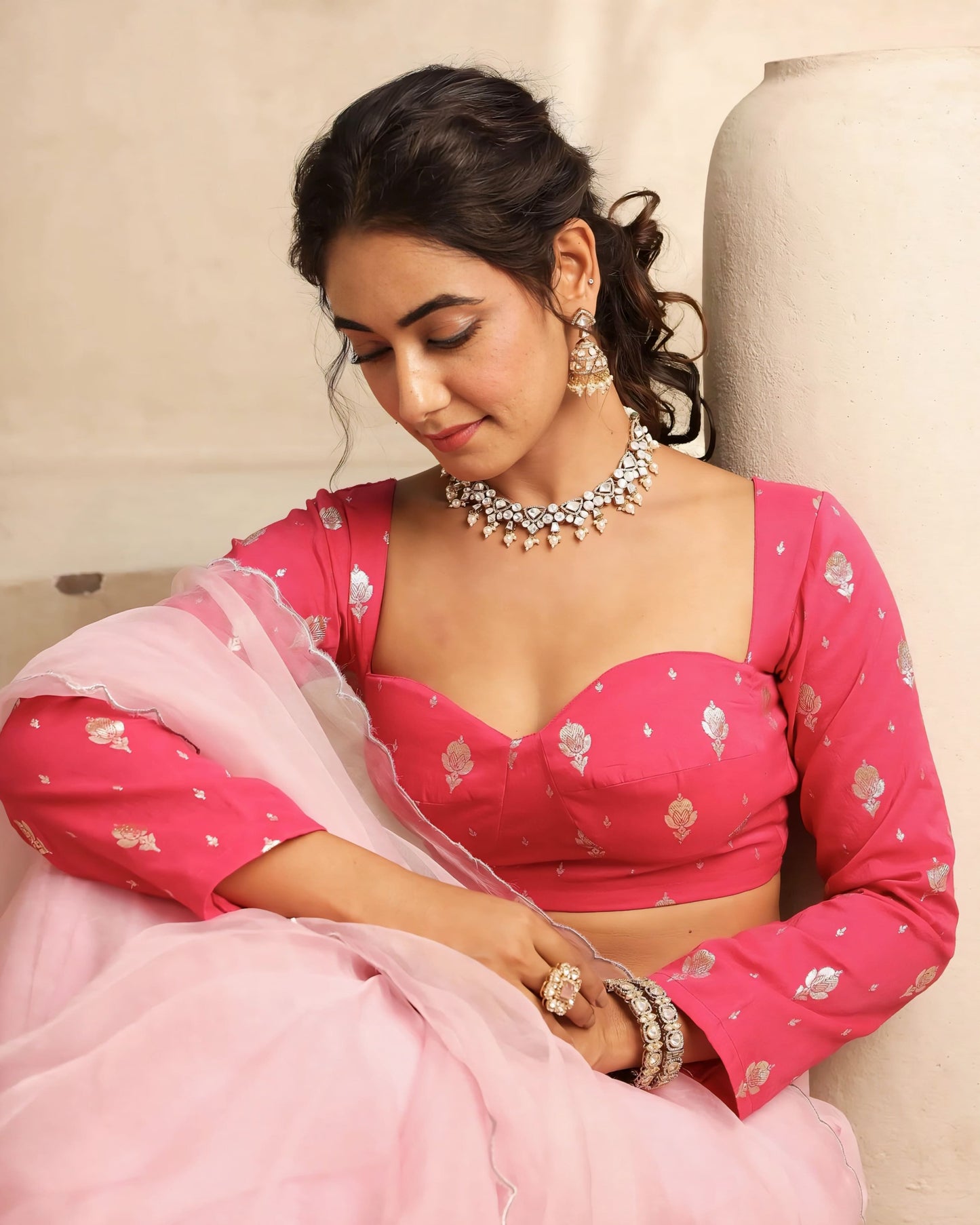 Rani Pink Princess Cut Blouse with Sweetheart Neck & Full Sleeves