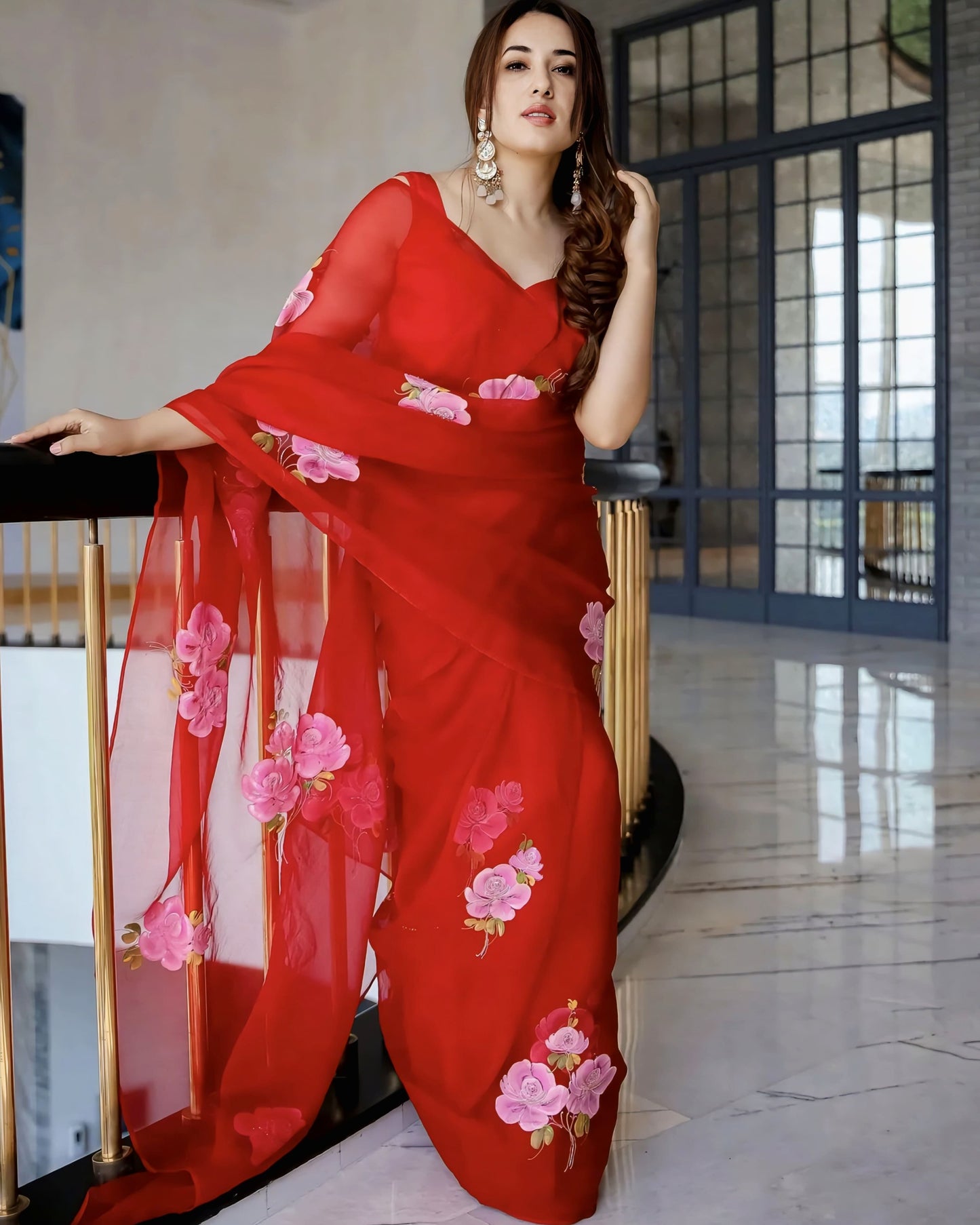 Red floral printed sheer designer saree with matching blouse