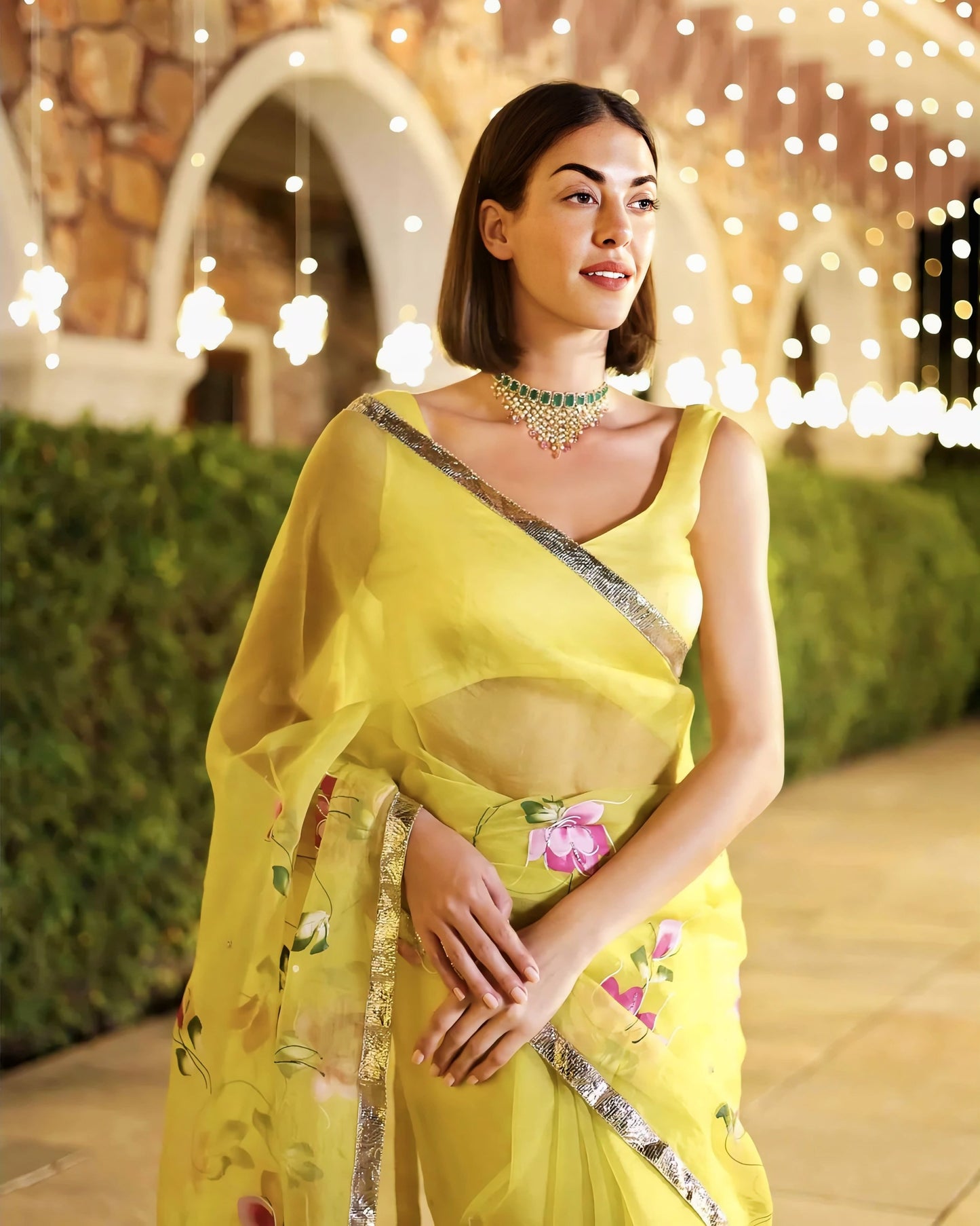 Yellow Sheer Saree with Silver Border & Floral Print