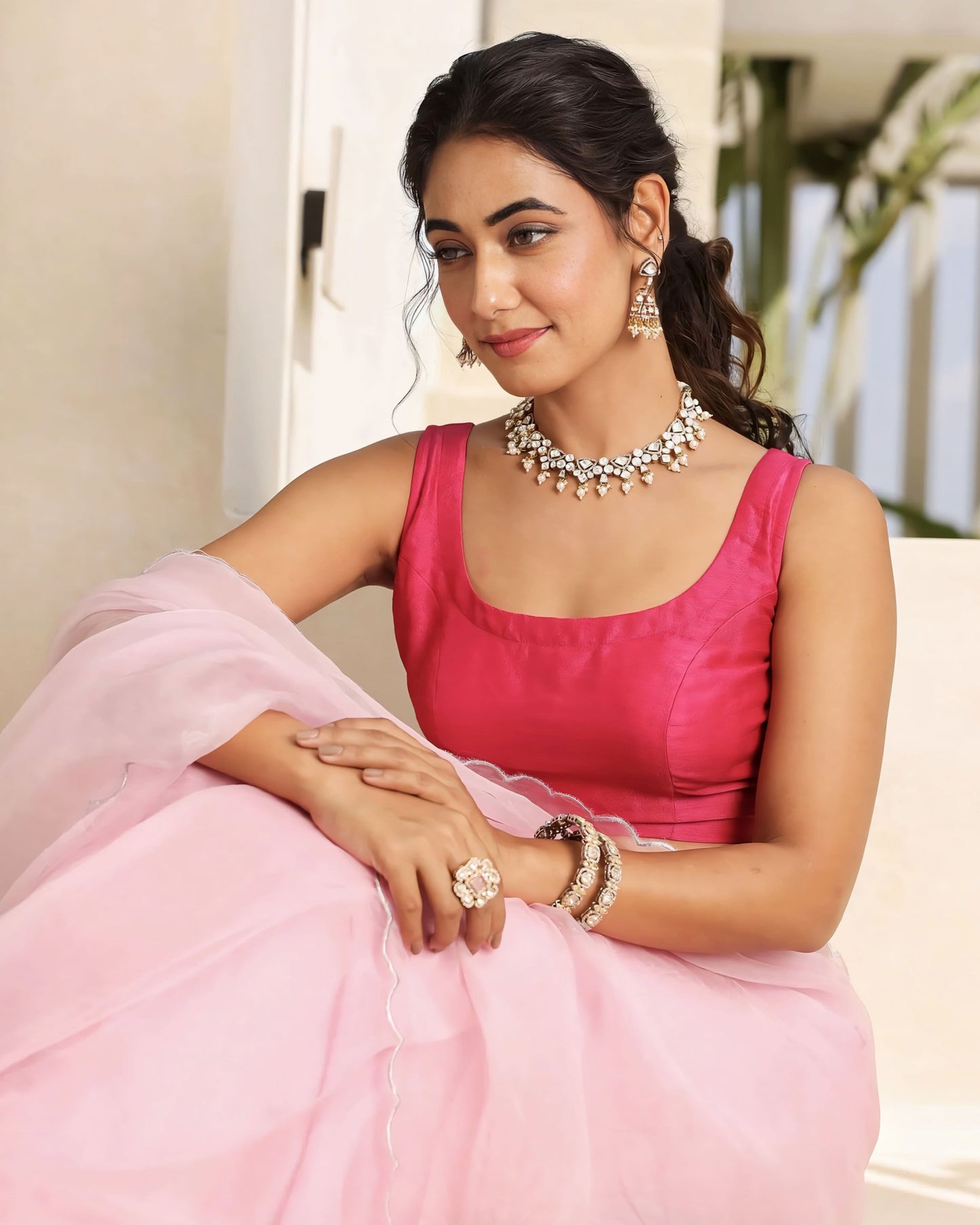 Blush Pink Sheer Saree with Solid Pink Sleeveless Blouse