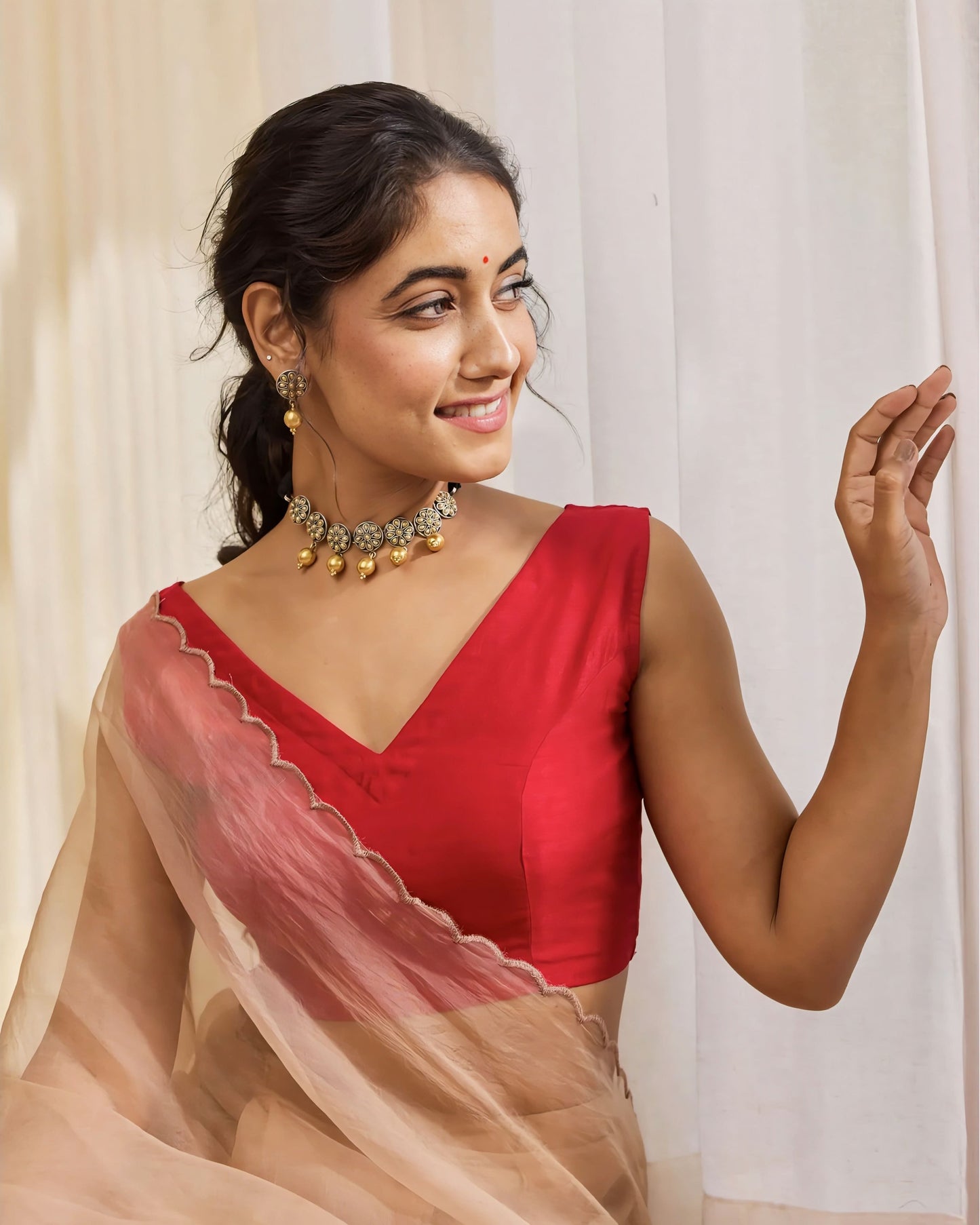 Deep Red V-Neck Silk Sleeveless Blouse for Saree with Clean Finish