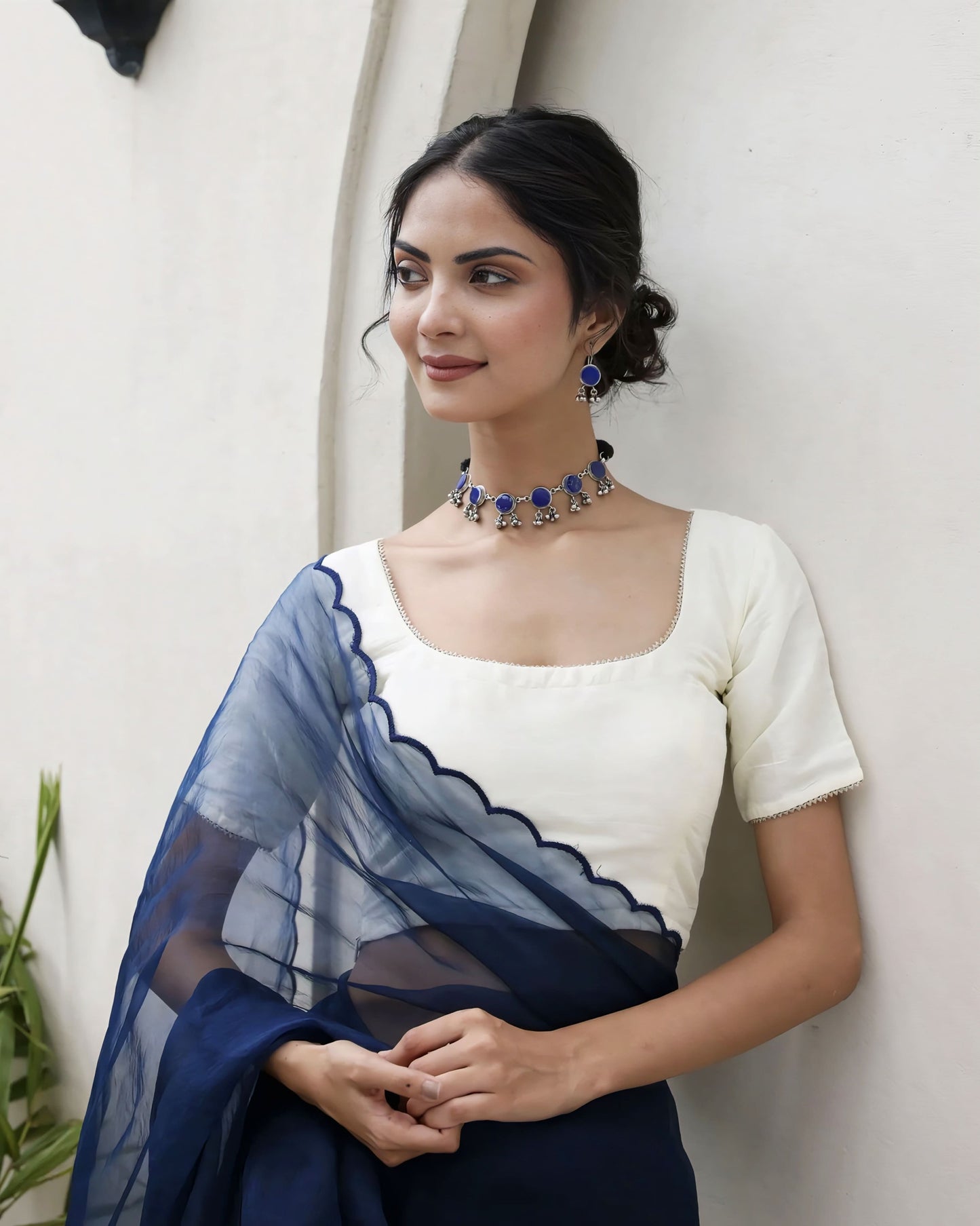Ivory Square Neck Blouse with Navy Blue Scalloped Organza Saree Pallu