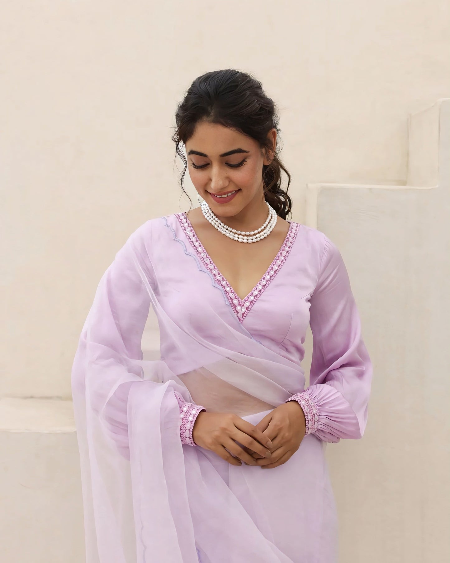 Lavender V-Neck Blouse with Pearl Embellished Border and Sheer Sleeves