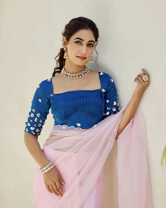 Royal Blue Princess Cut Blouse with Square Neck and Sequin Embellished Sleeves
