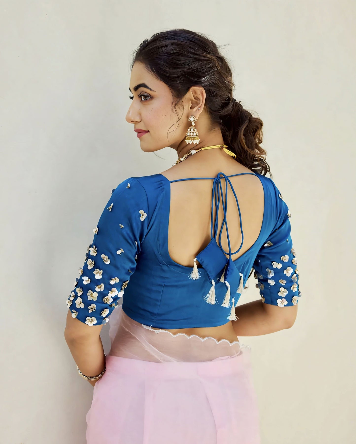 Royal Blue Princess Cut Blouse with Square Neck and Sequin Embellished Sleeves