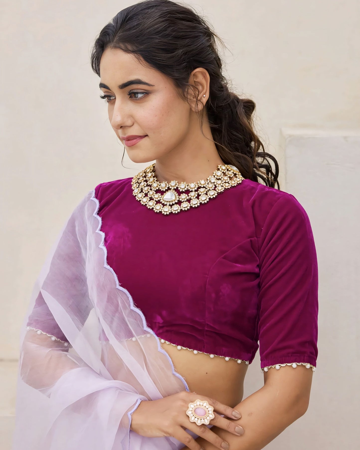 Wine Purple Designer Blouse with Round Neck and Pearl Embellished Sleeves