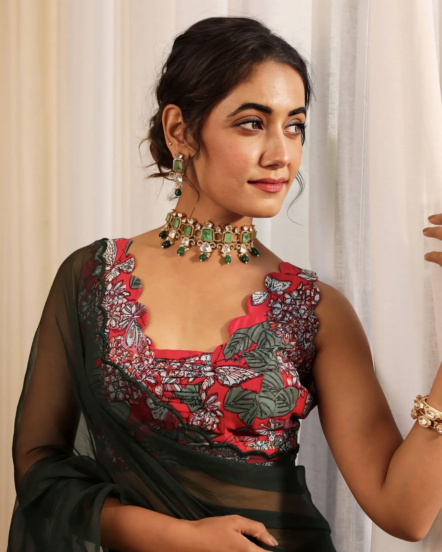 Red & Green Floral Printed Princess Cut Blouse with Scalloped Neckline